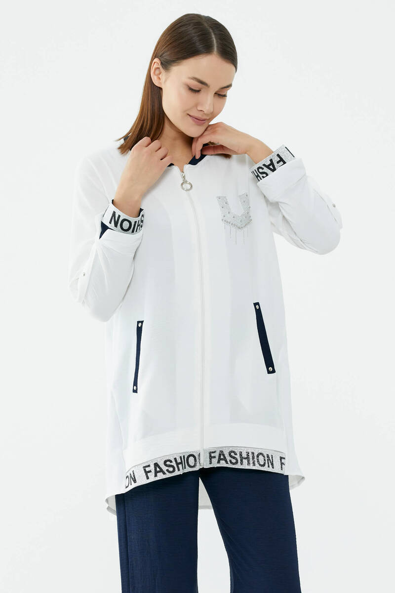 Hakim Yaka Sim Detaylı Geniş Kalıp Krep Takım - Ekru - Lacivert (3) Sementa