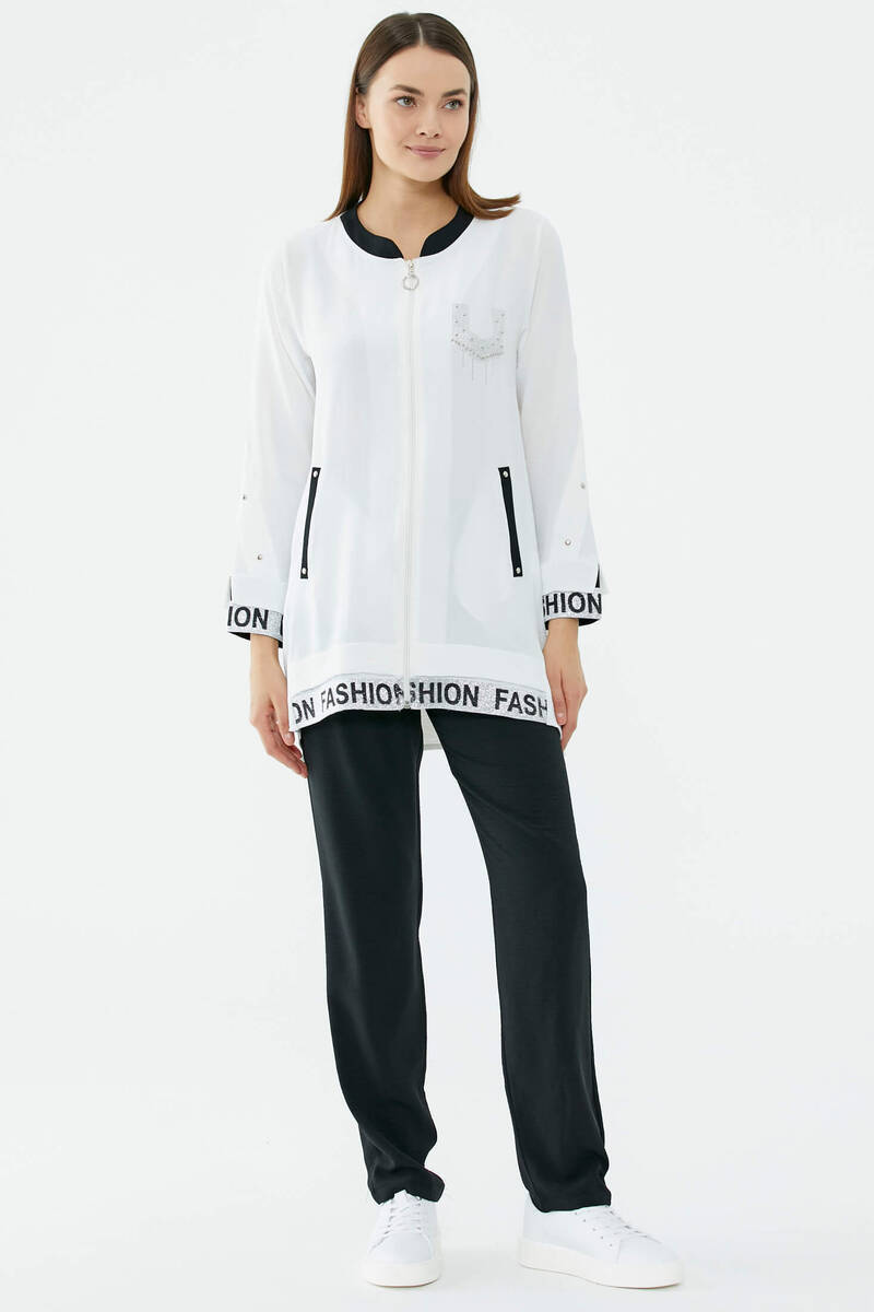 Hakim Yaka Sim Detaylı Geniş Kalıp Krep Takım - Ekru - Siyah (3) Sementa