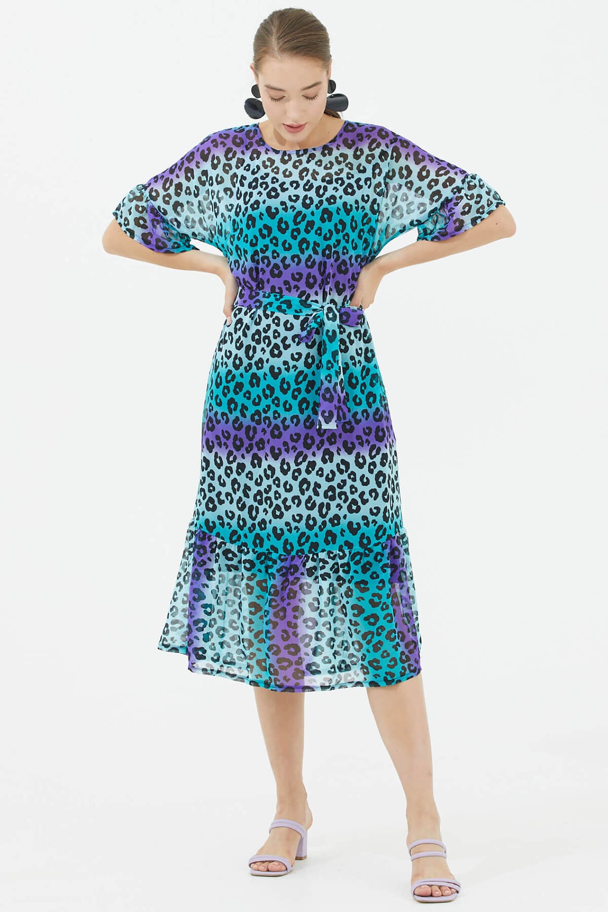 İçi Askılı Şifon Elbise - Yeşil - Mor (1) Sementa