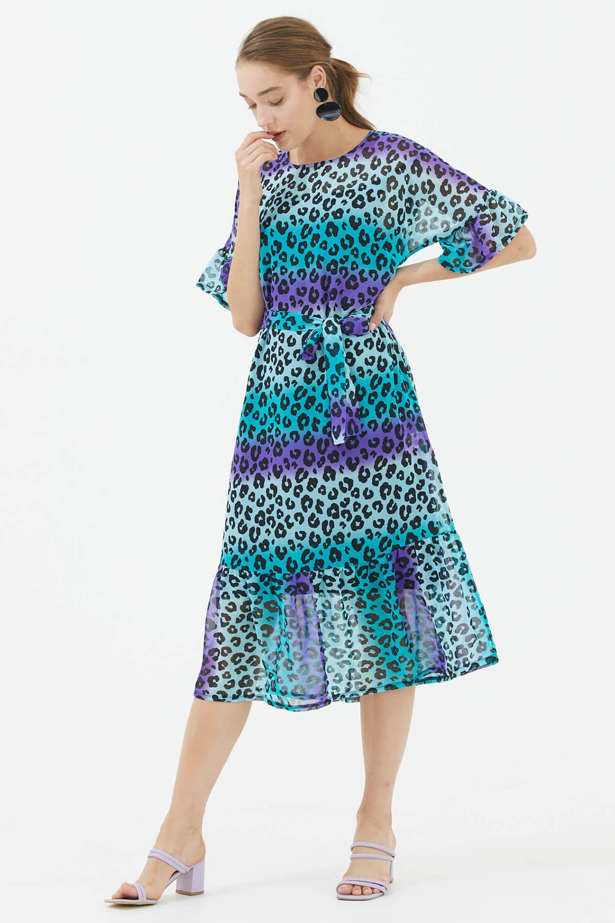 İçi Askılı Şifon Elbise - Yeşil - Mor (2) Sementa