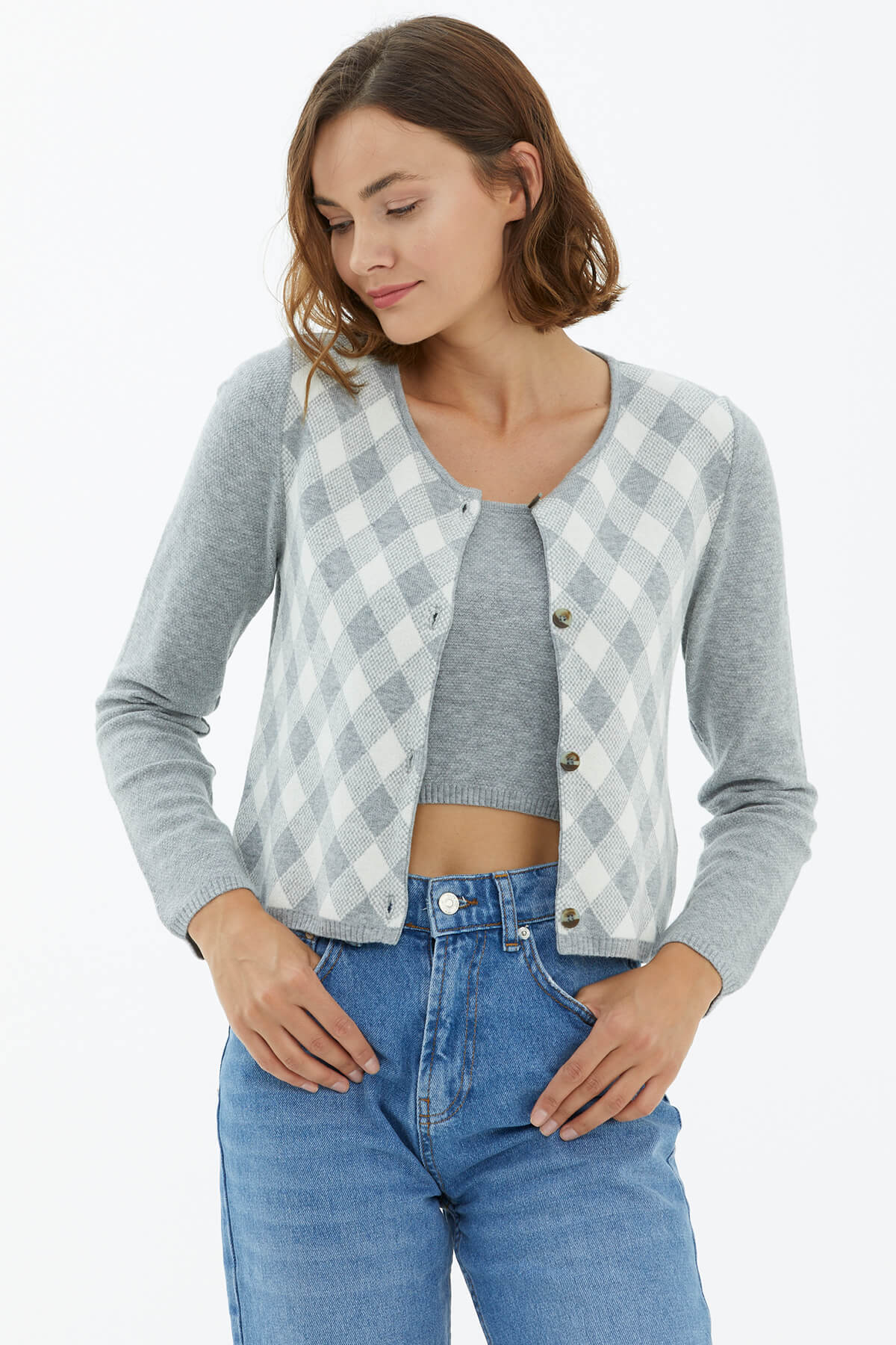 İçi Croplu Hırka Takım - Gri (2) Sementa