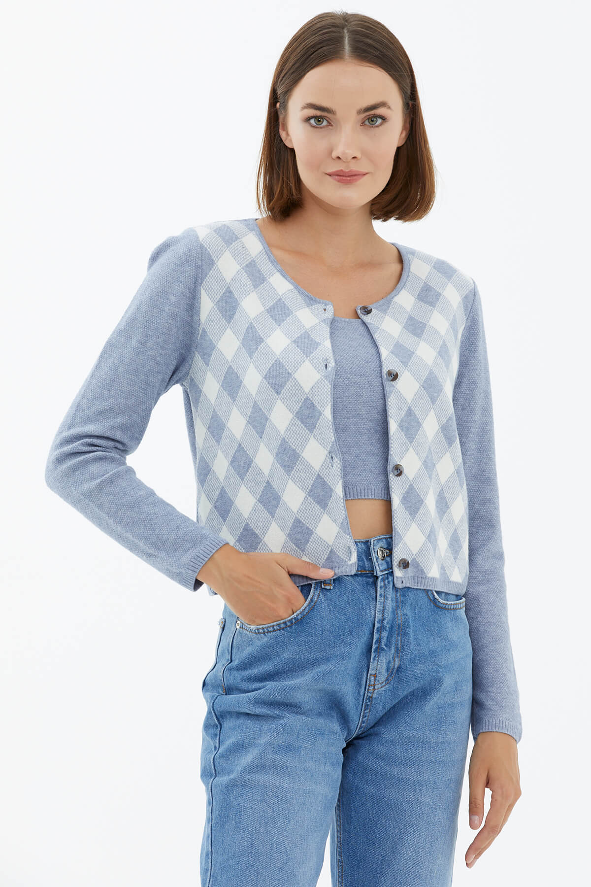 İçi Croplu Hırka Takım - Mavi (1) Sementa