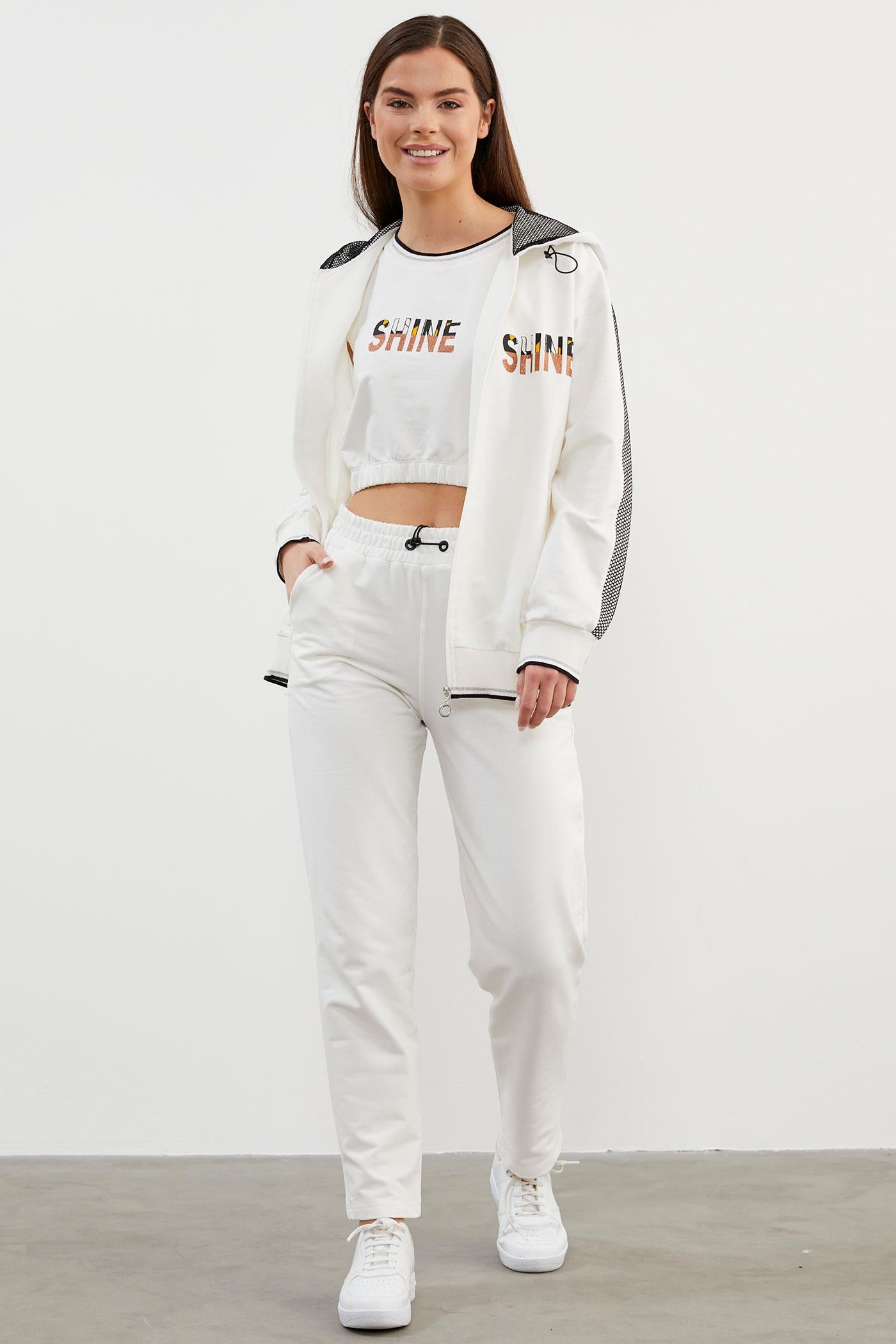 İçi Croplu Üçlü Kapüşonlu Eşofman Takım - Ekru (2) Sementa