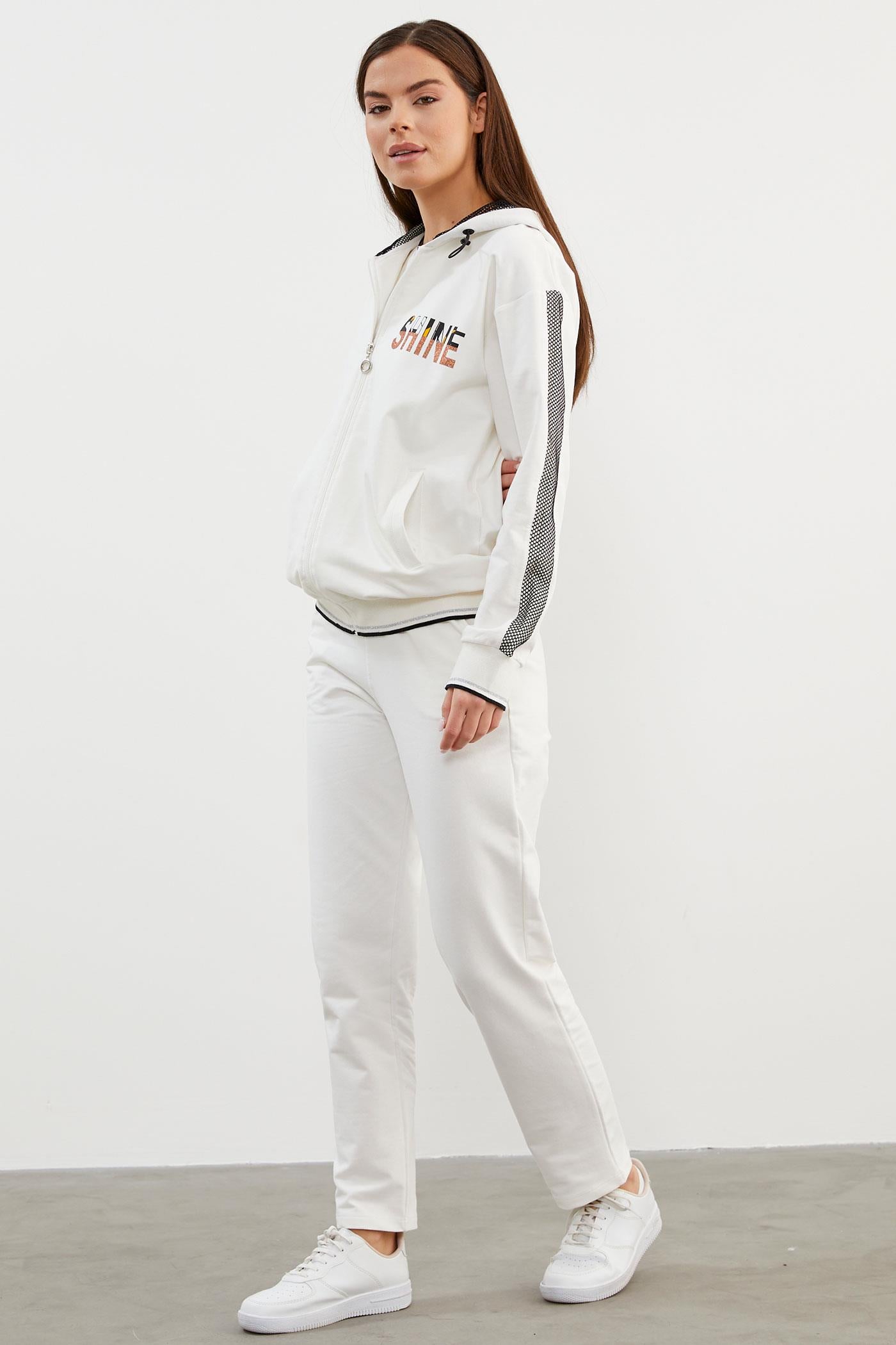 İçi Croplu Üçlü Kapüşonlu Eşofman Takım - Ekru (4) Sementa