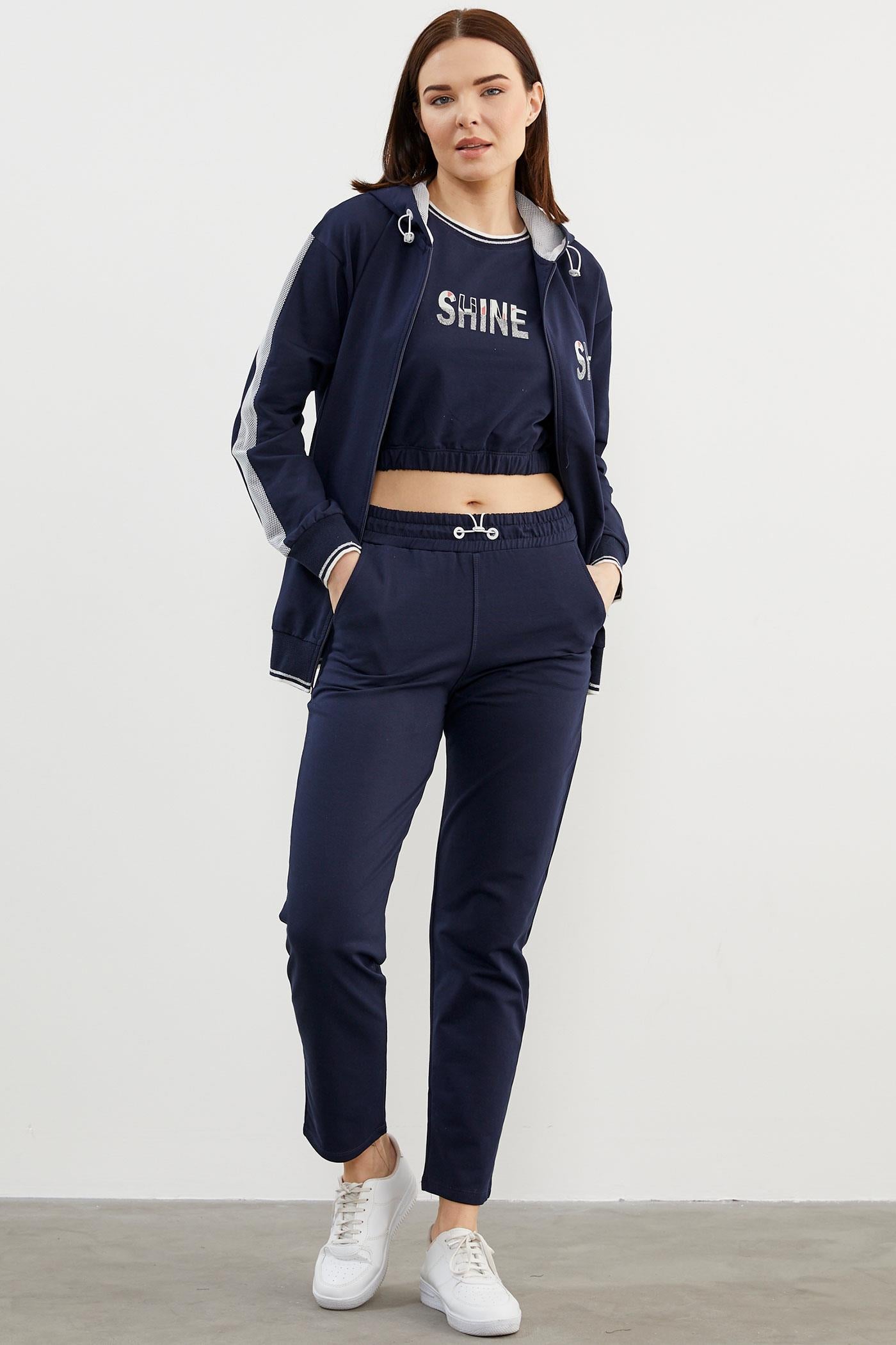 İçi Croplu Üçlü Kapüşonlu Eşofman Takım - Lacivert (2) Sementa