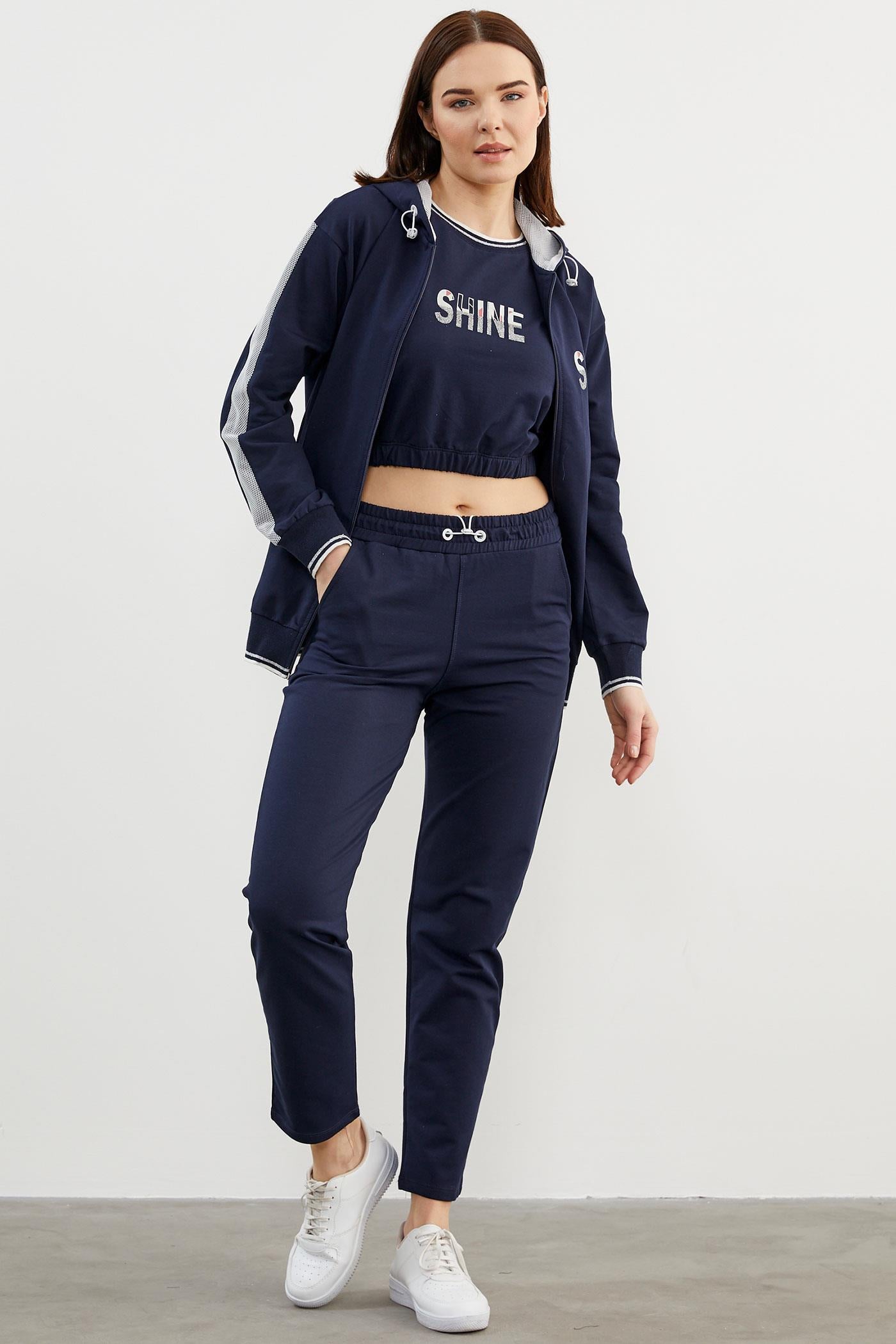 İçi Croplu Üçlü Kapüşonlu Eşofman Takım - Lacivert (3) Sementa