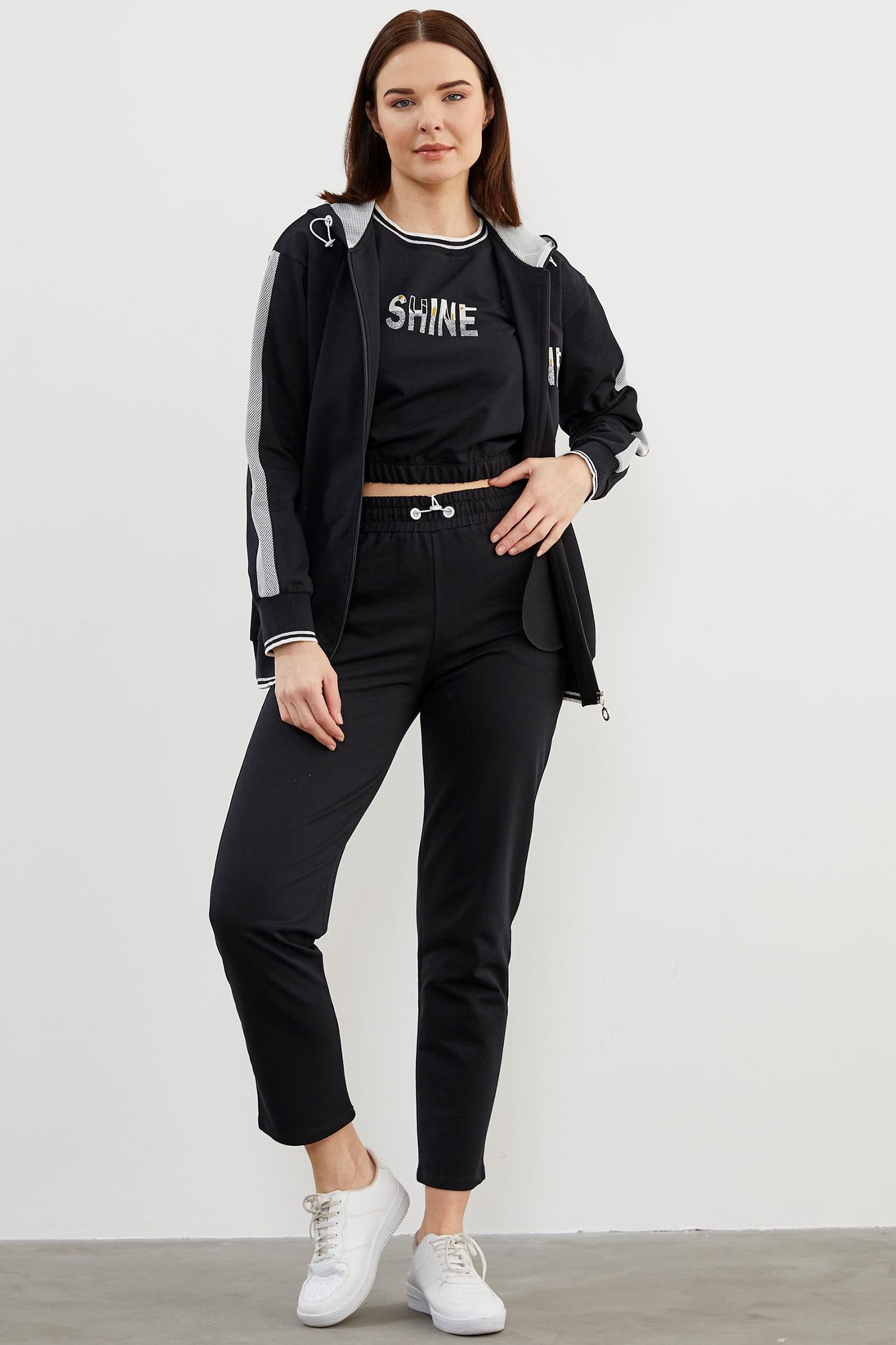 İçi Croplu Üçlü Kapüşonlu Eşofman Takım - Siyah (2) Sementa