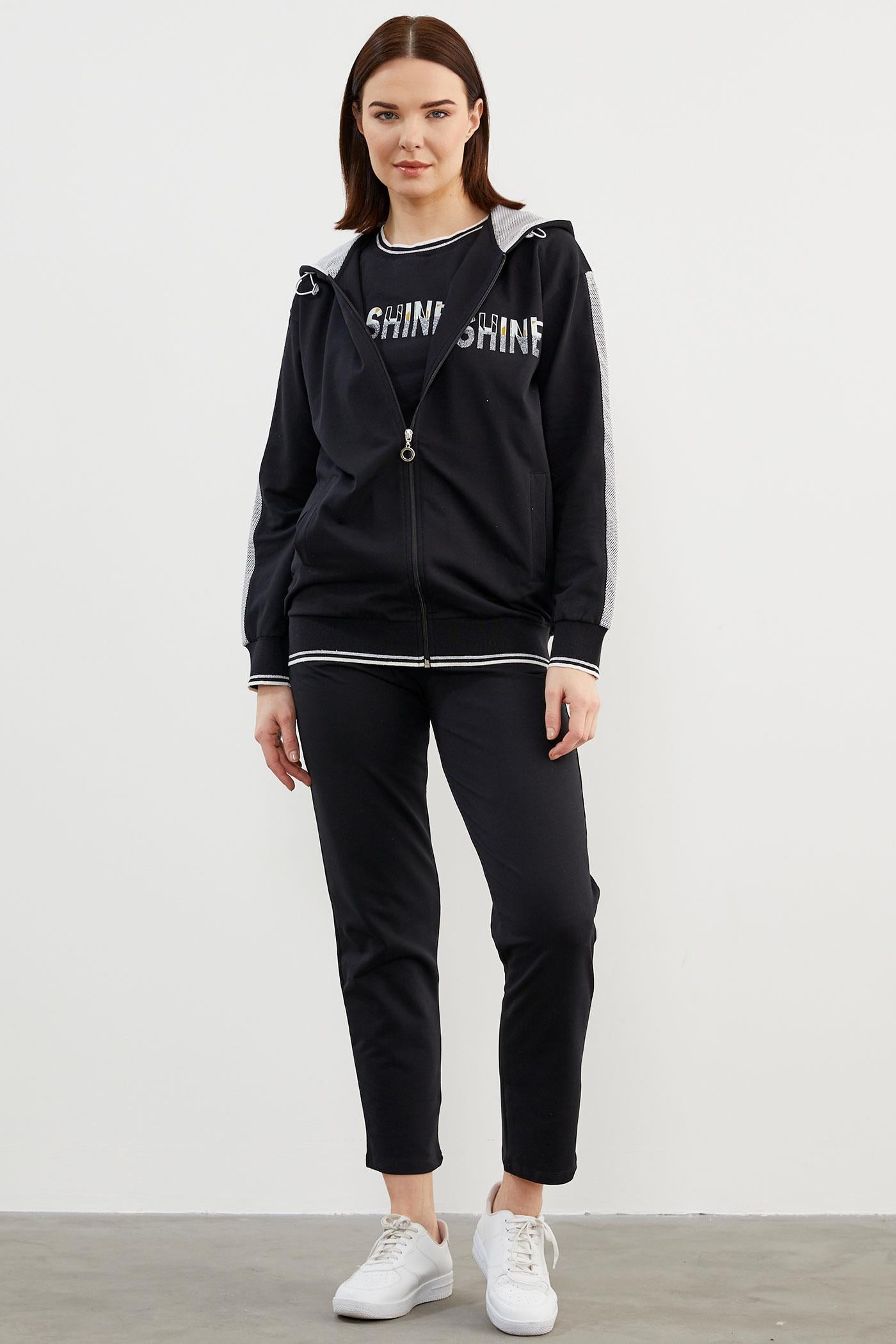 İçi Croplu Üçlü Kapüşonlu Eşofman Takım - Siyah (4) Sementa