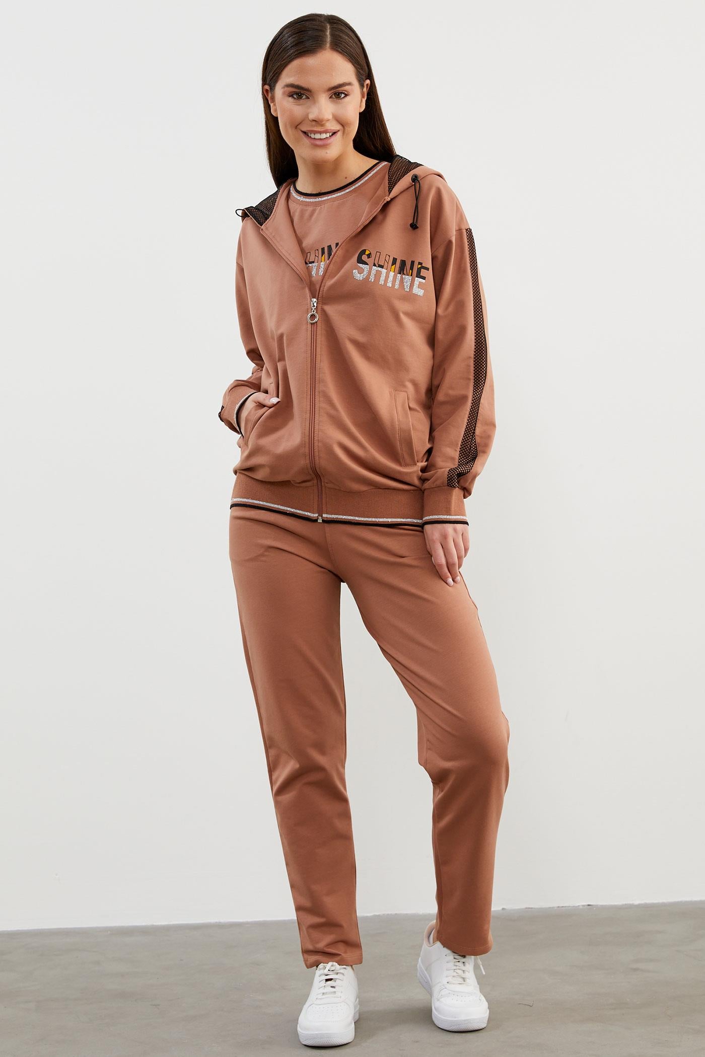 İçi Croplu Üçlü Kapüşonlu Eşofman Takım - Sütlü Kahve (2) Sementa