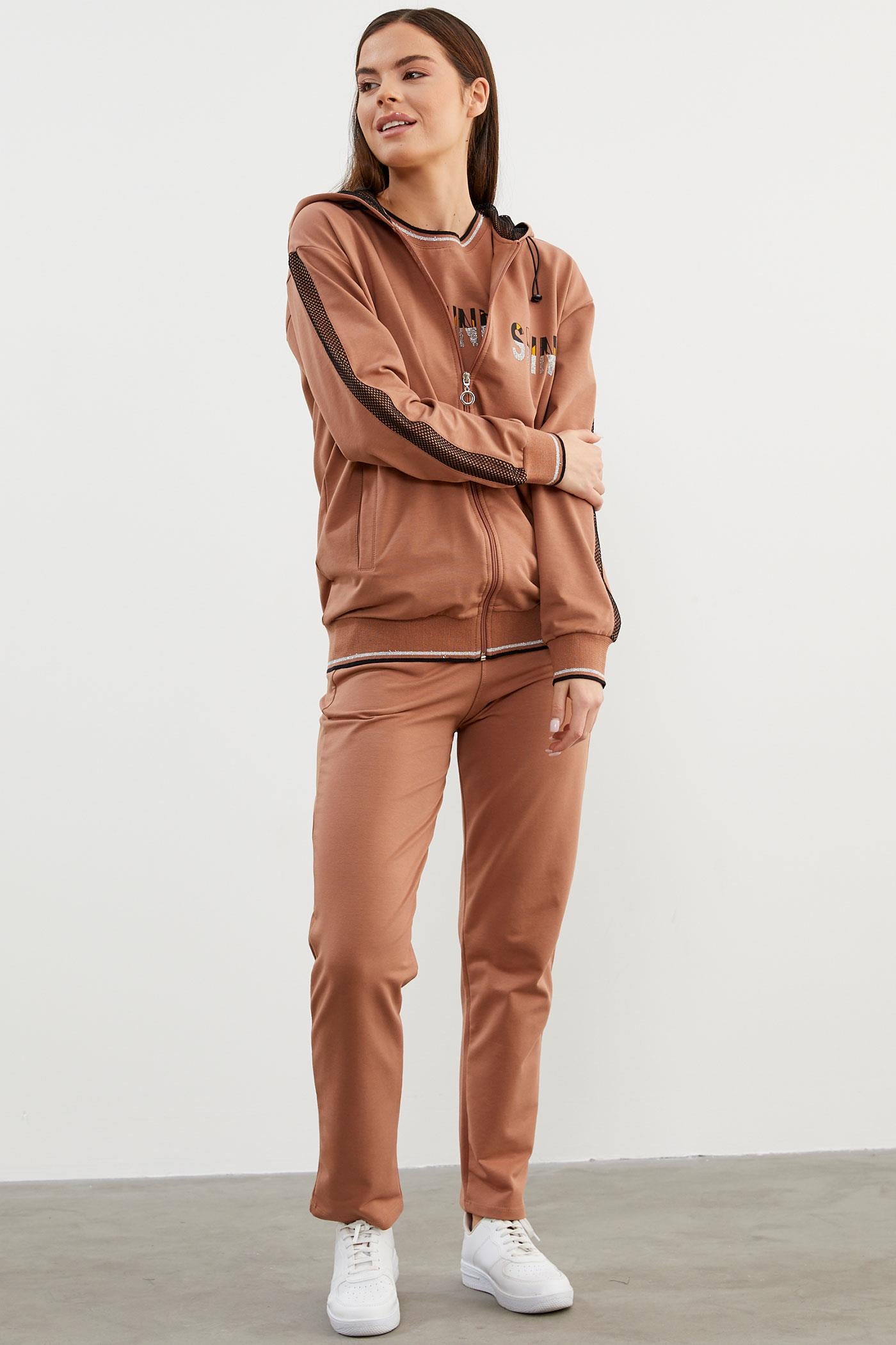 İçi Croplu Üçlü Kapüşonlu Eşofman Takım - Sütlü Kahve (3) Sementa