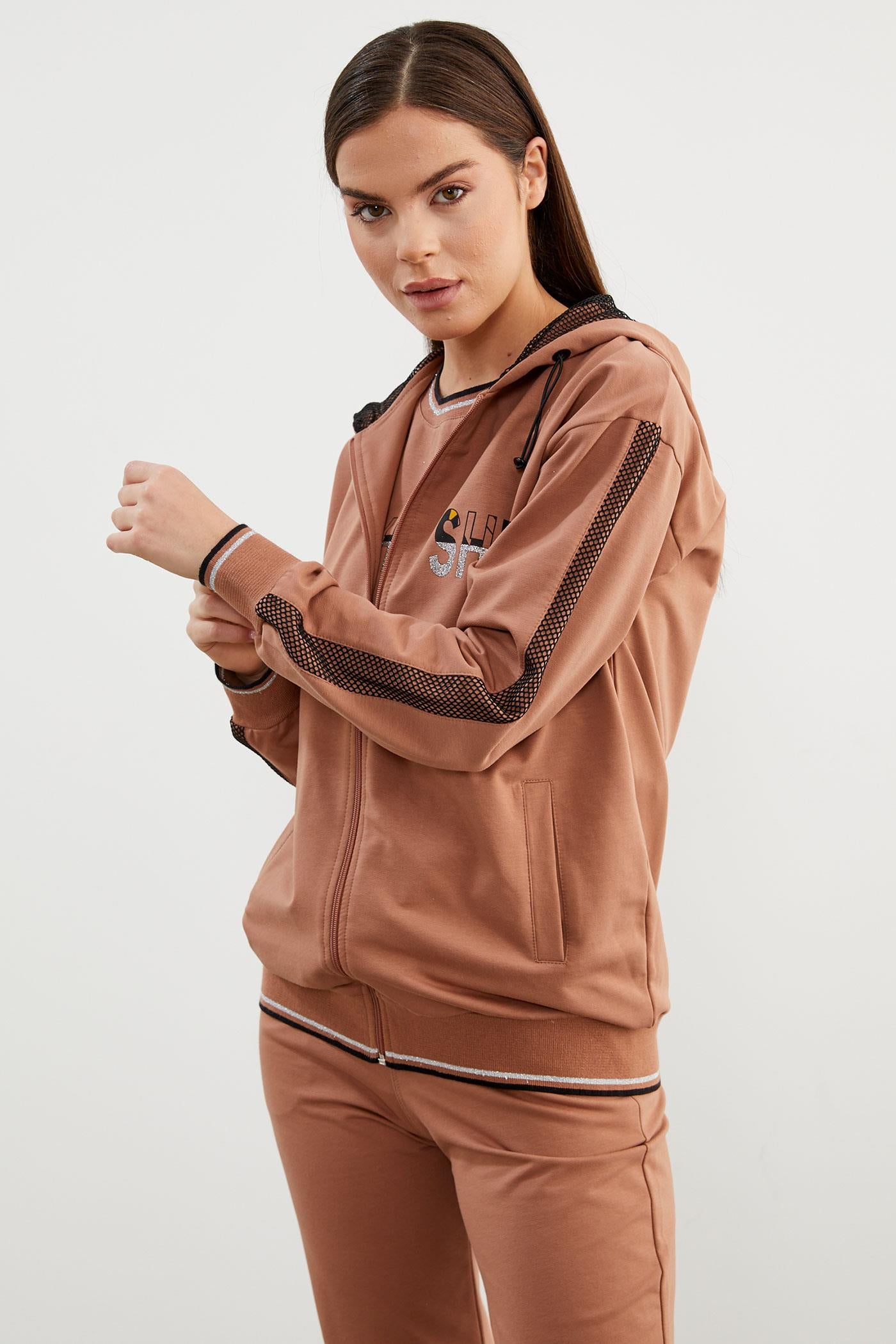 İçi Croplu Üçlü Kapüşonlu Eşofman Takım - Sütlü Kahve (4) Sementa