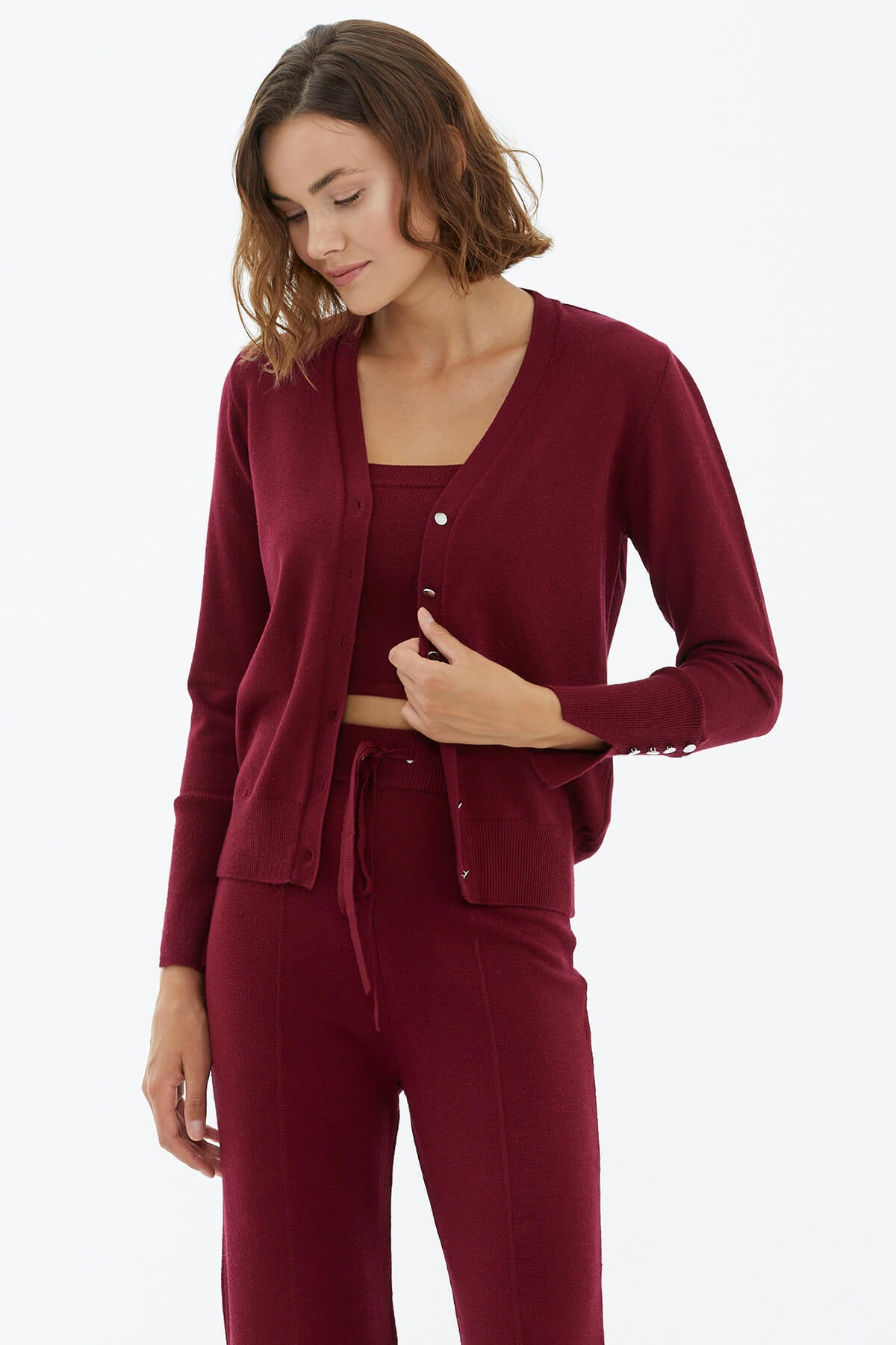 İçi Croplu Üçlü Triko Takım - Bordo (2) Sementa