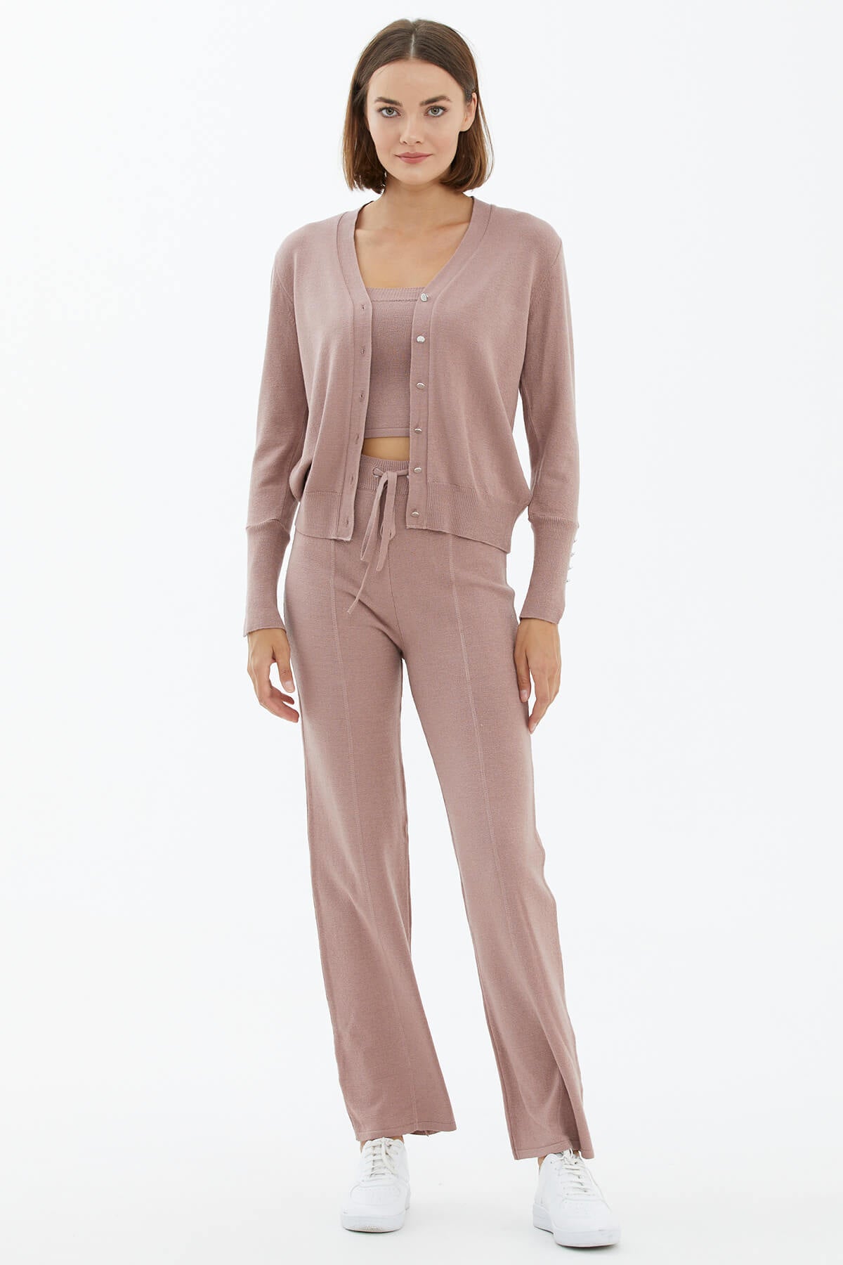 İçi Croplu Üçlü Triko Takım - Pudra (2) Sementa