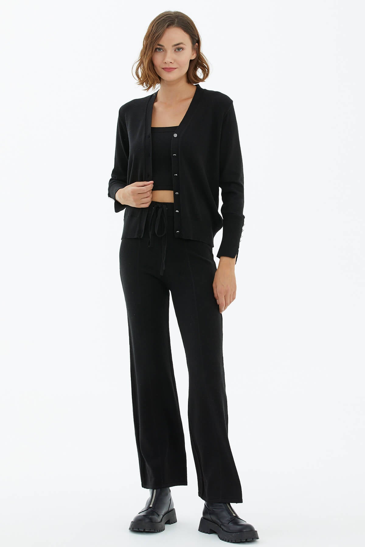 İçi Croplu Üçlü Triko Takım - Siyah (1) Sementa