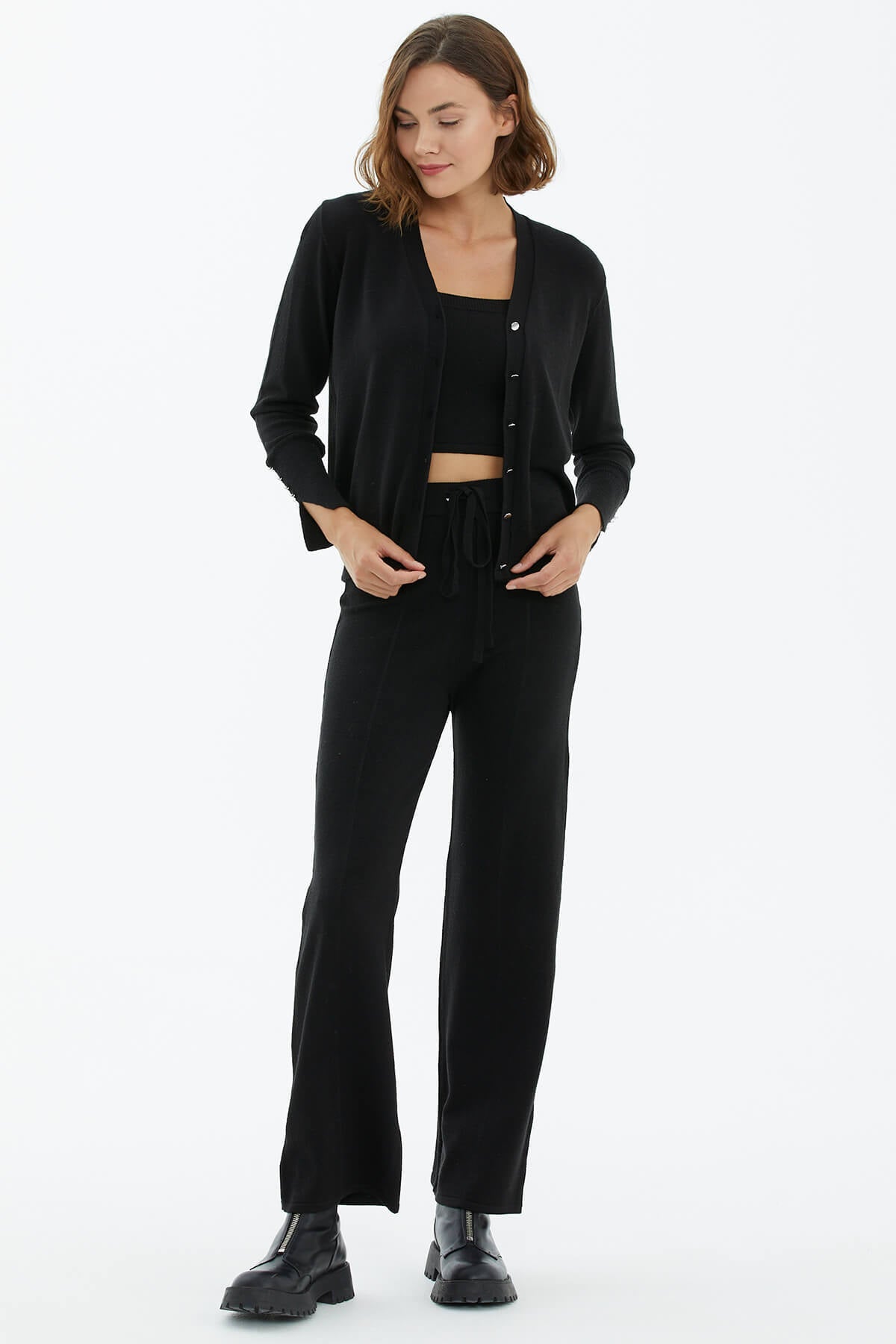 İçi Croplu Üçlü Triko Takım - Siyah (2) Sementa