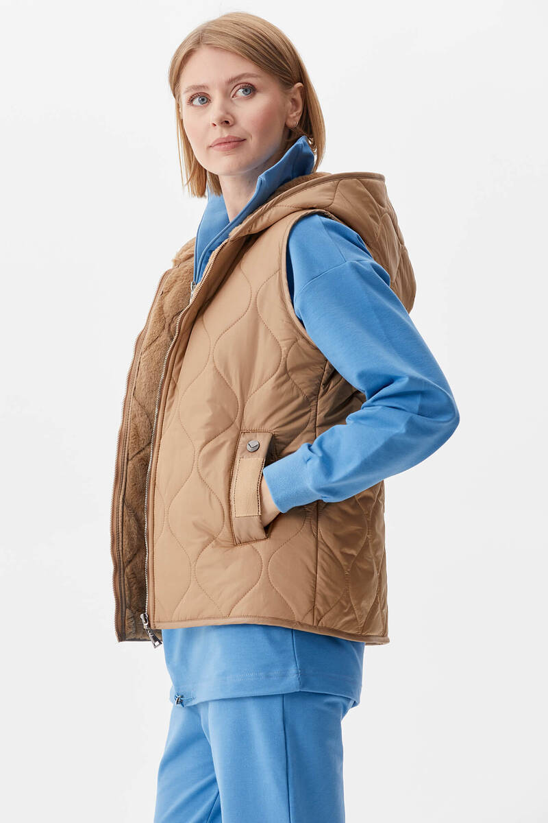 İçi Peluş Kürklü Kapüşonlu Kapitone Yelek - Bej (2) Sementa