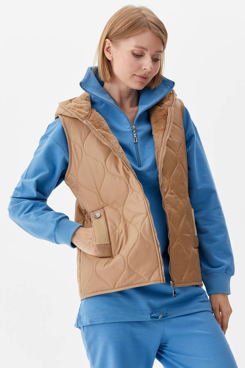 İçi Peluş Kürklü Kapüşonlu Kapitone Yelek - Bej (3) Sementa
