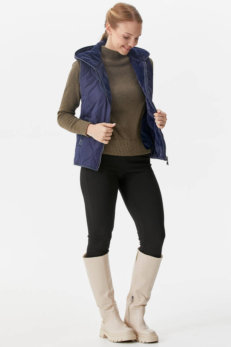 İçi Peluş Kürklü Kapüşonlu Kapitone Yelek - Lacivert (2) Sementa