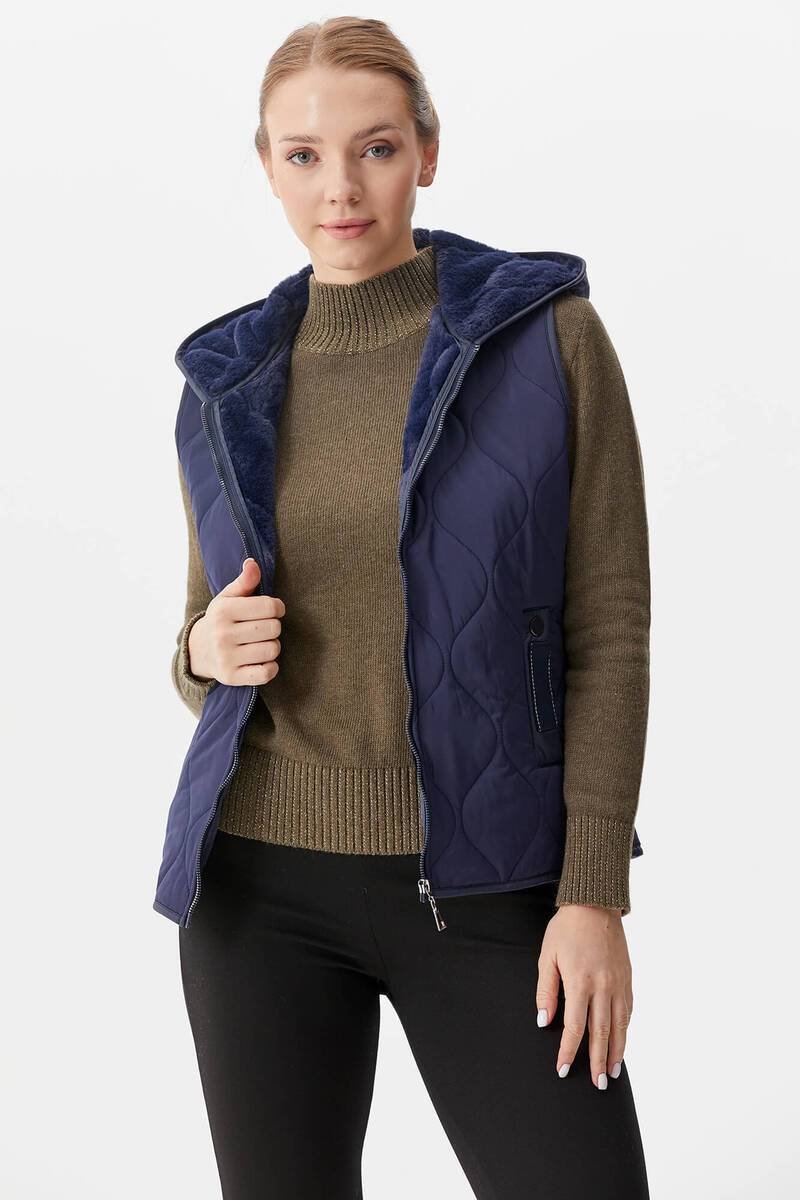 İçi Peluş Kürklü Kapüşonlu Kapitone Yelek - Lacivert (3) Sementa