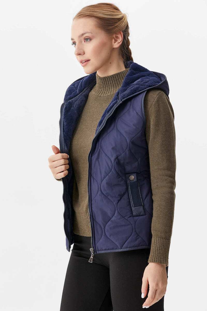 İçi Peluş Kürklü Kapüşonlu Kapitone Yelek - Lacivert (4) Sementa