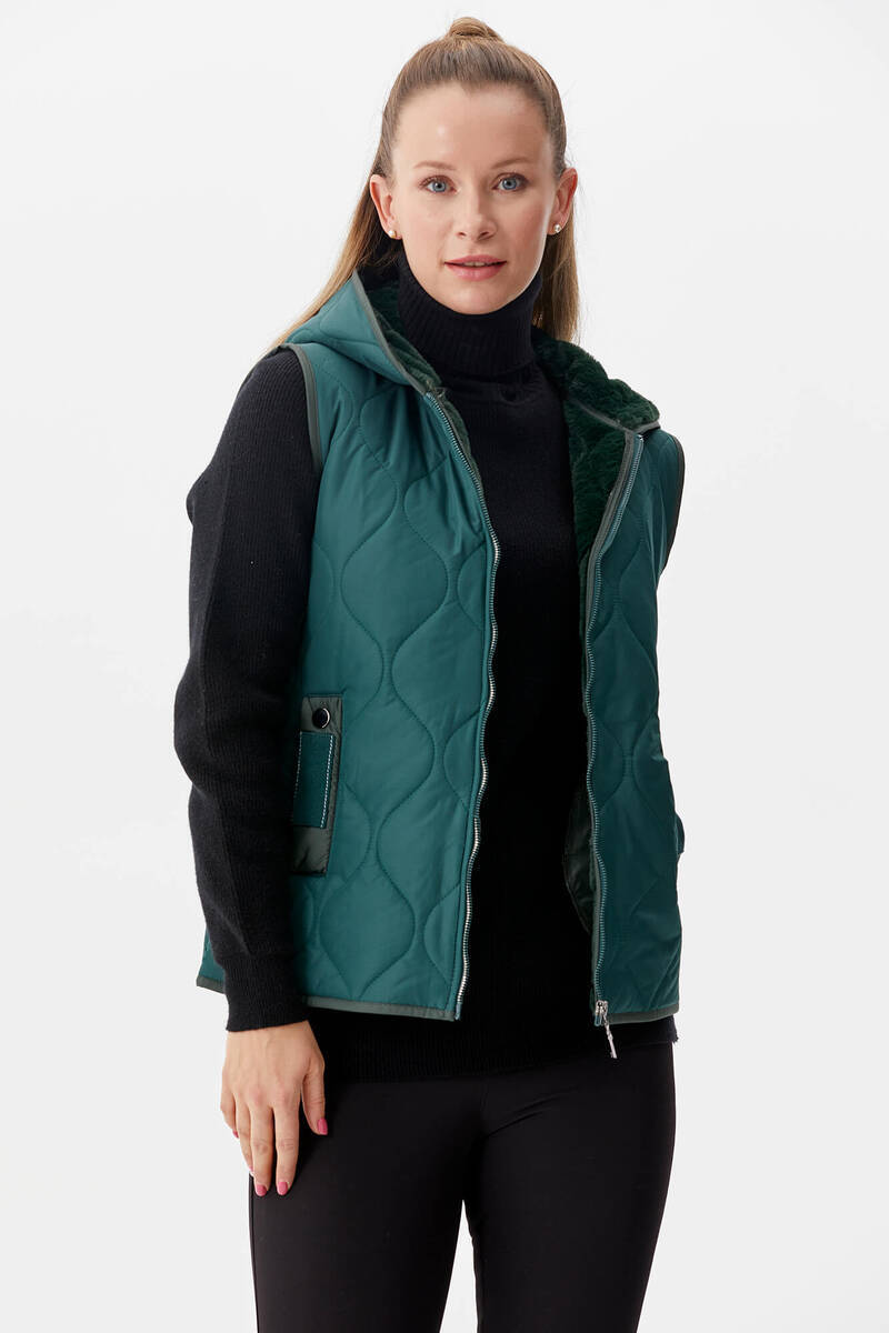 İçi Peluş Kürklü Kapüşonlu Kapitone Yelek - Yeşil (2) Sementa