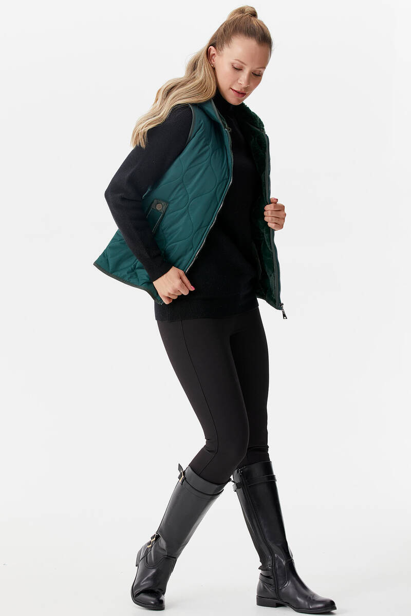 İçi Peluş Kürklü Kapüşonlu Kapitone Yelek - Yeşil (3) Sementa