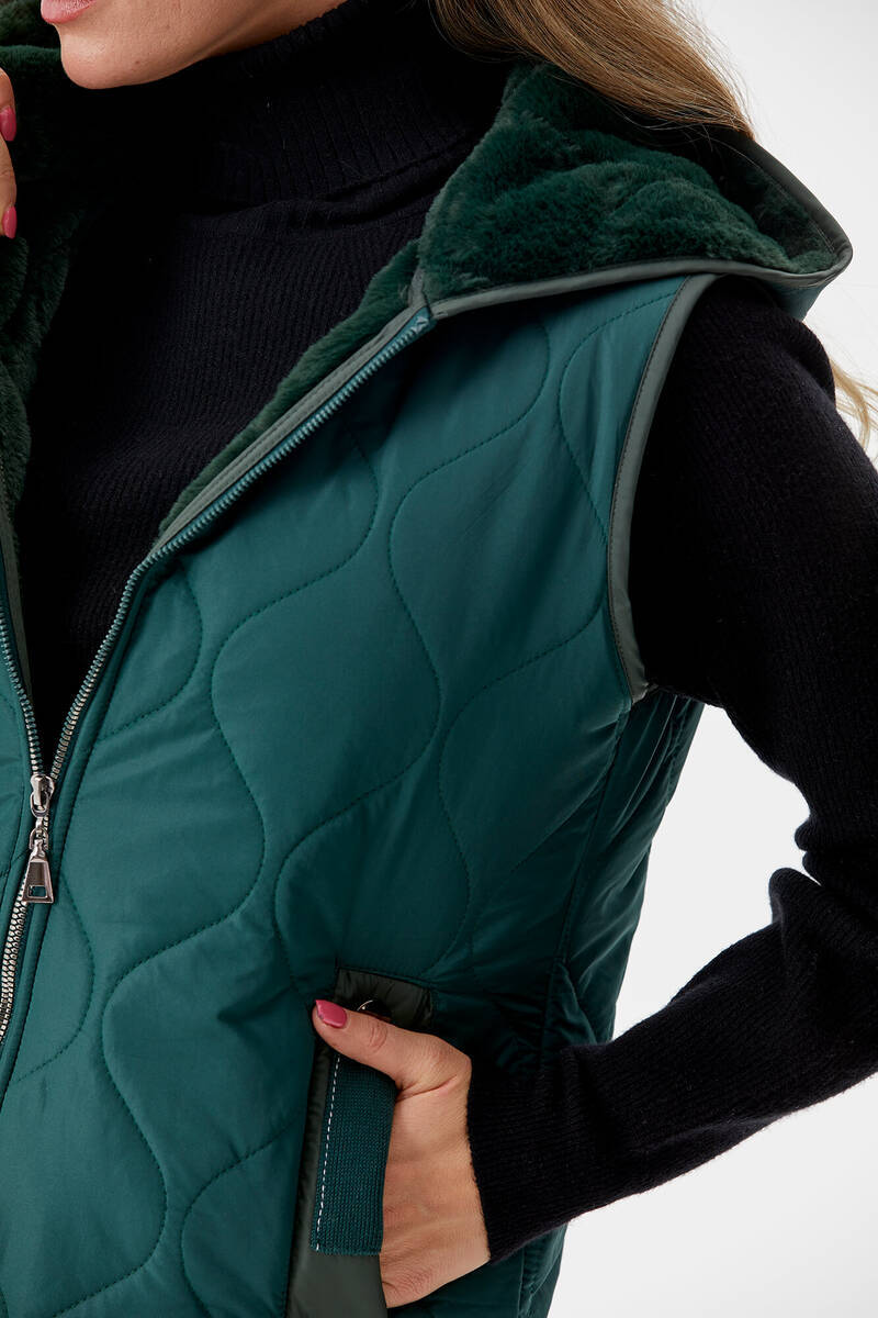 İçi Peluş Kürklü Kapüşonlu Kapitone Yelek - Yeşil (4) Sementa