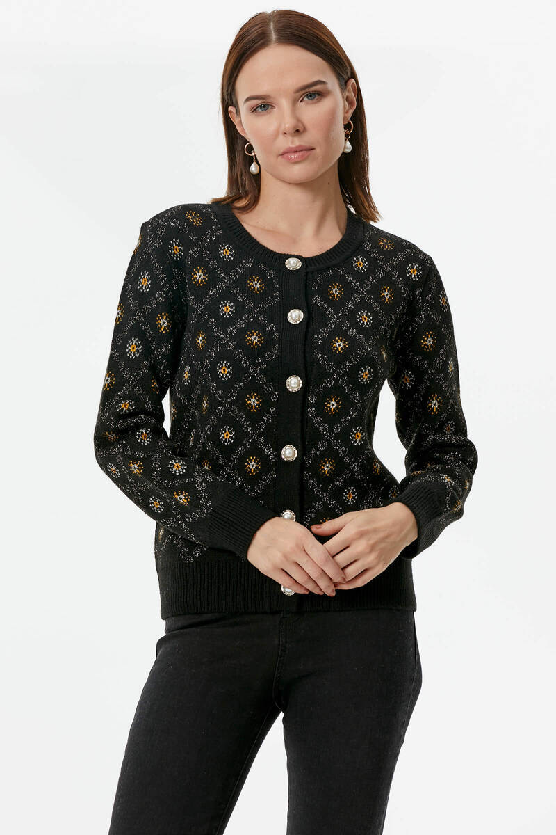 İnci Düğmeli Çiçek Desenli Triko Hırka - Siyah (1) Sementa