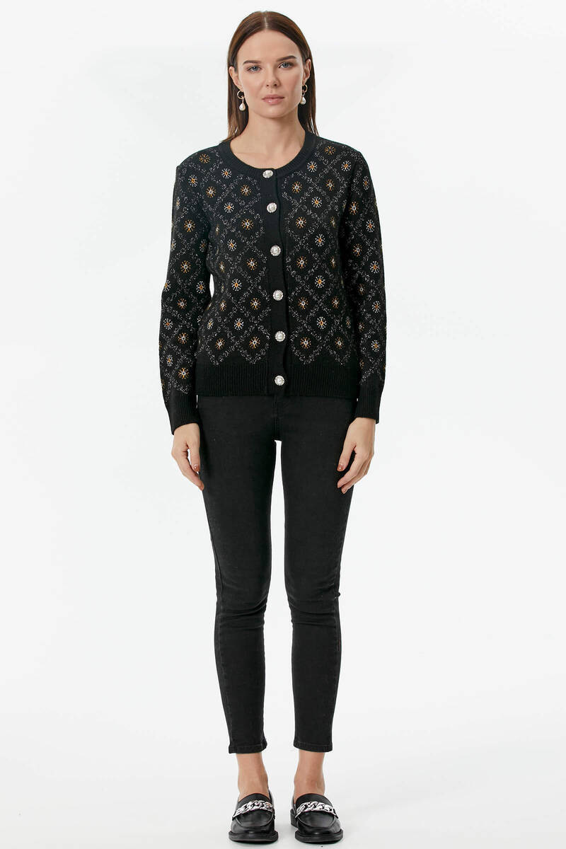 İnci Düğmeli Çiçek Desenli Triko Hırka - Siyah (2) Sementa