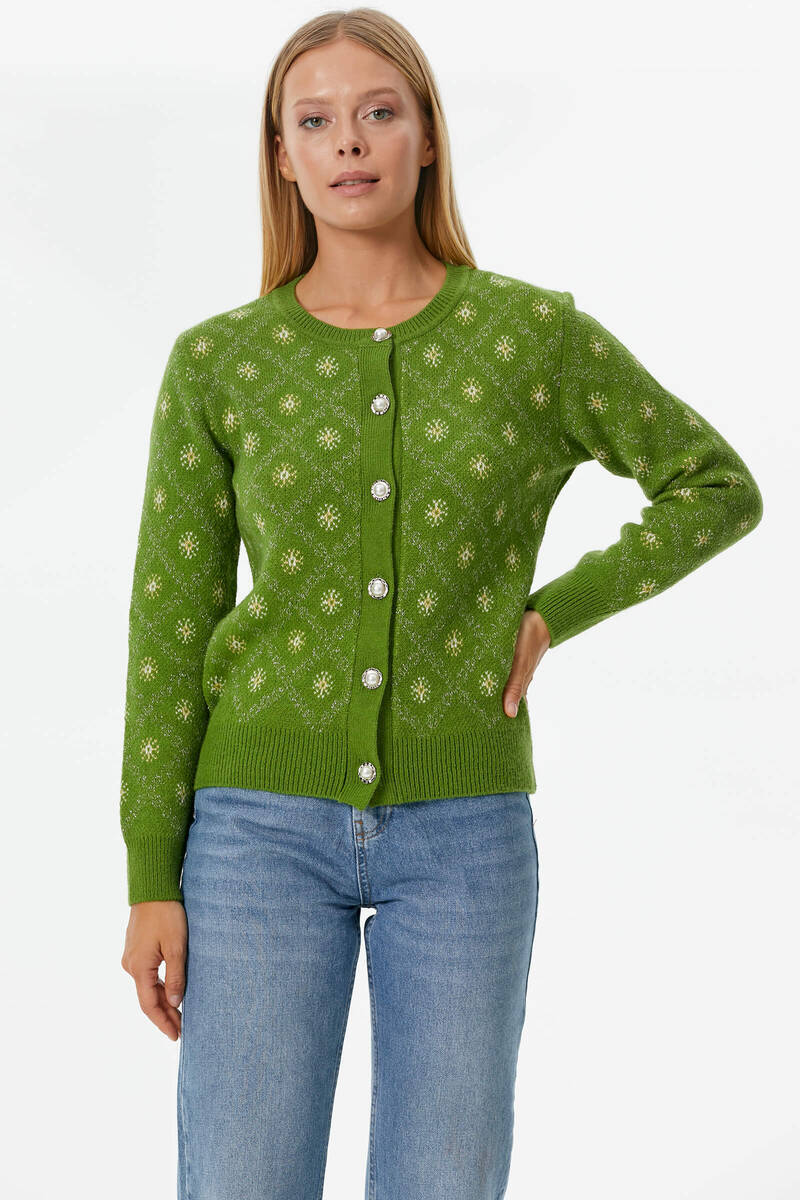 İnci Düğmeli Çiçek Desenli Triko Hırka - Yeşil (2) Sementa