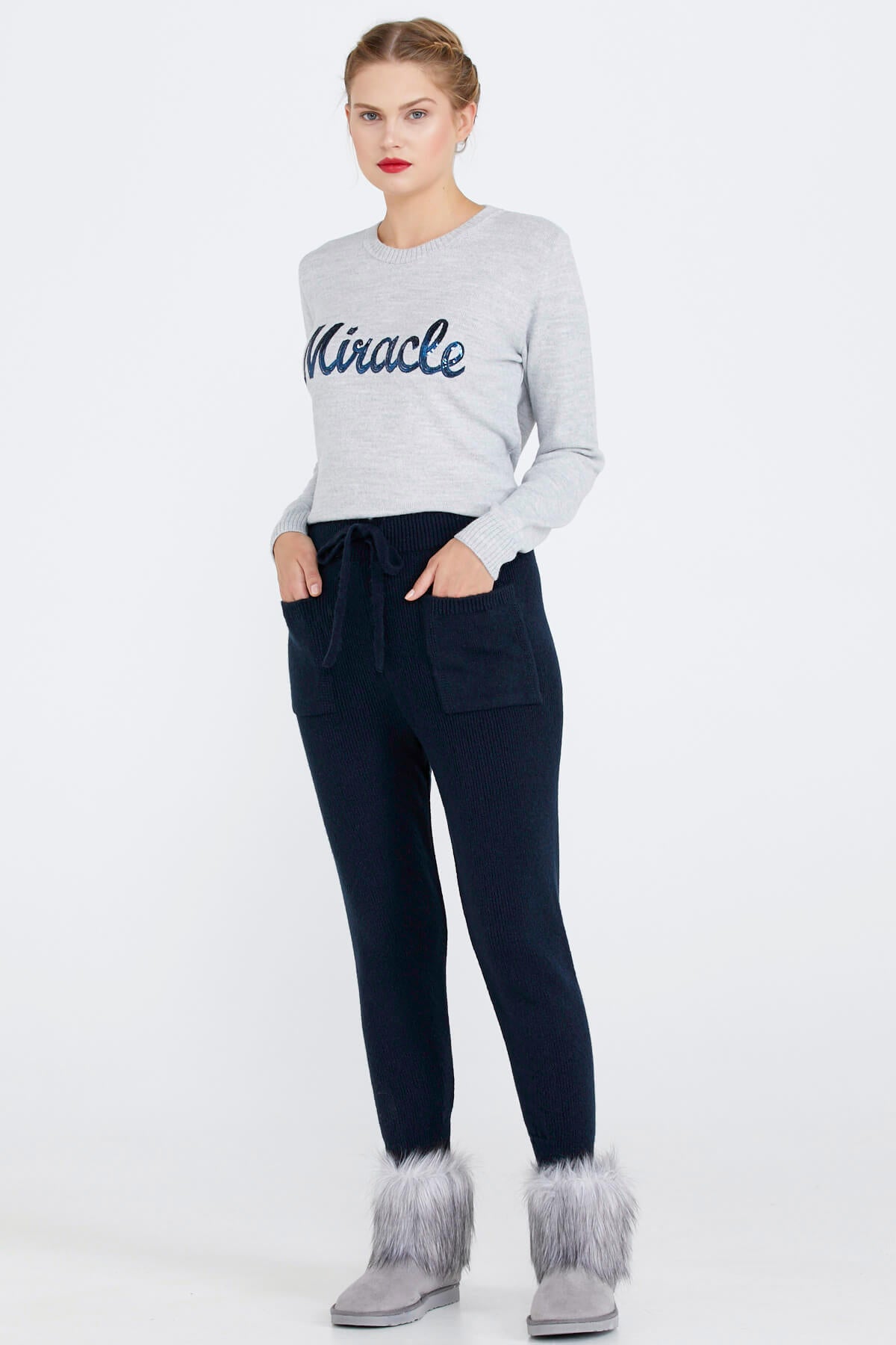 Kadın Bağcıklı Cepli Triko Pantolon - Lacivert (1) Sementa