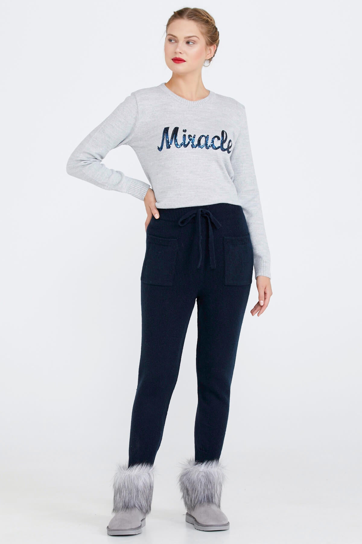 Kadın Bağcıklı Cepli Triko Pantolon - Lacivert (2) Sementa