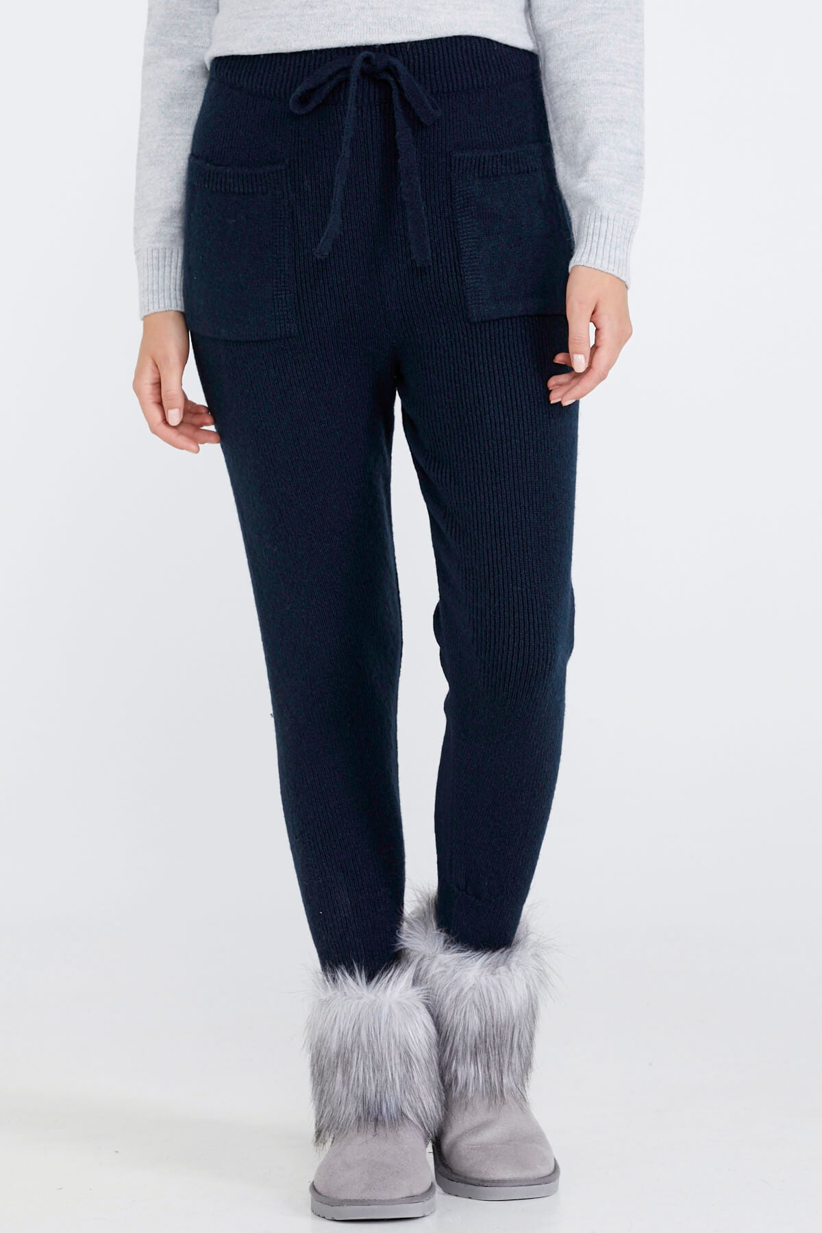 Kadın Bağcıklı Cepli Triko Pantolon - Lacivert (3) Sementa