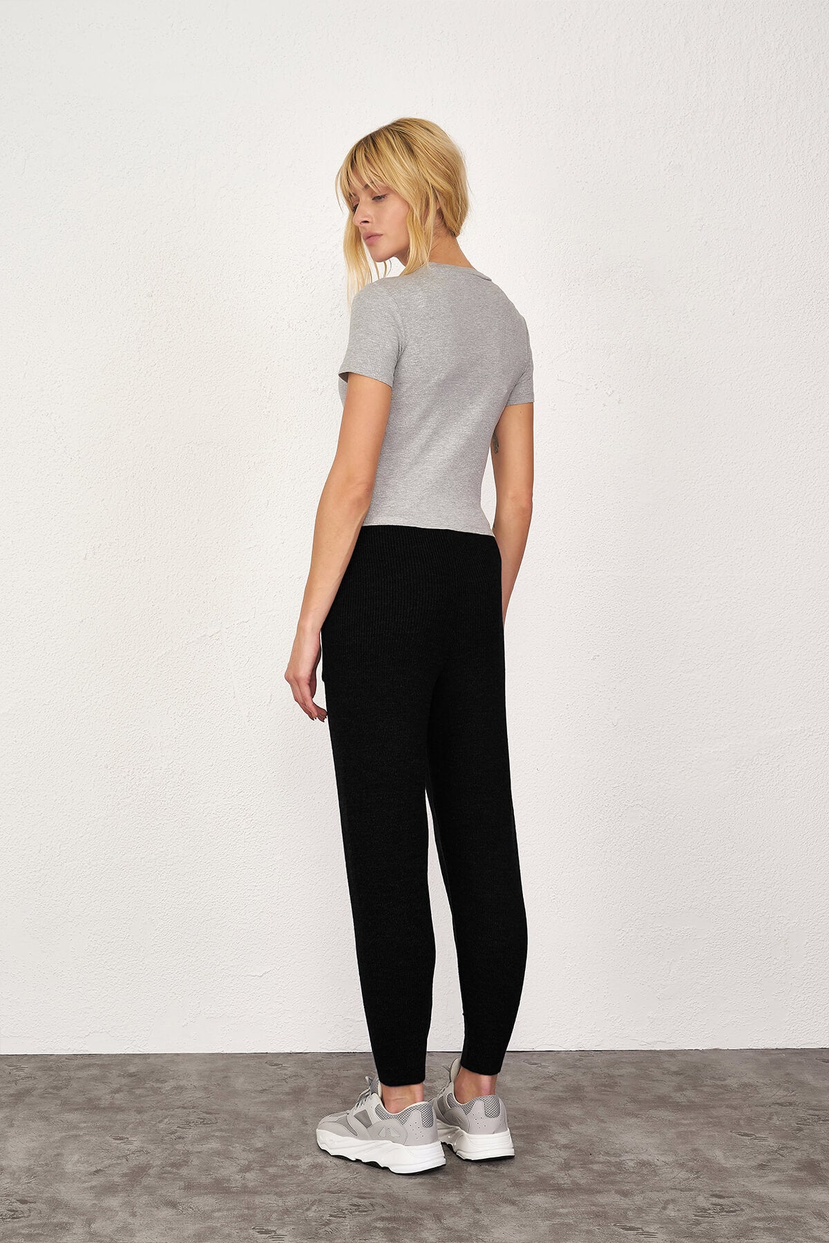 Kadın Bağcıklı Cepli Triko Pantolon - Siyah (3) Sementa