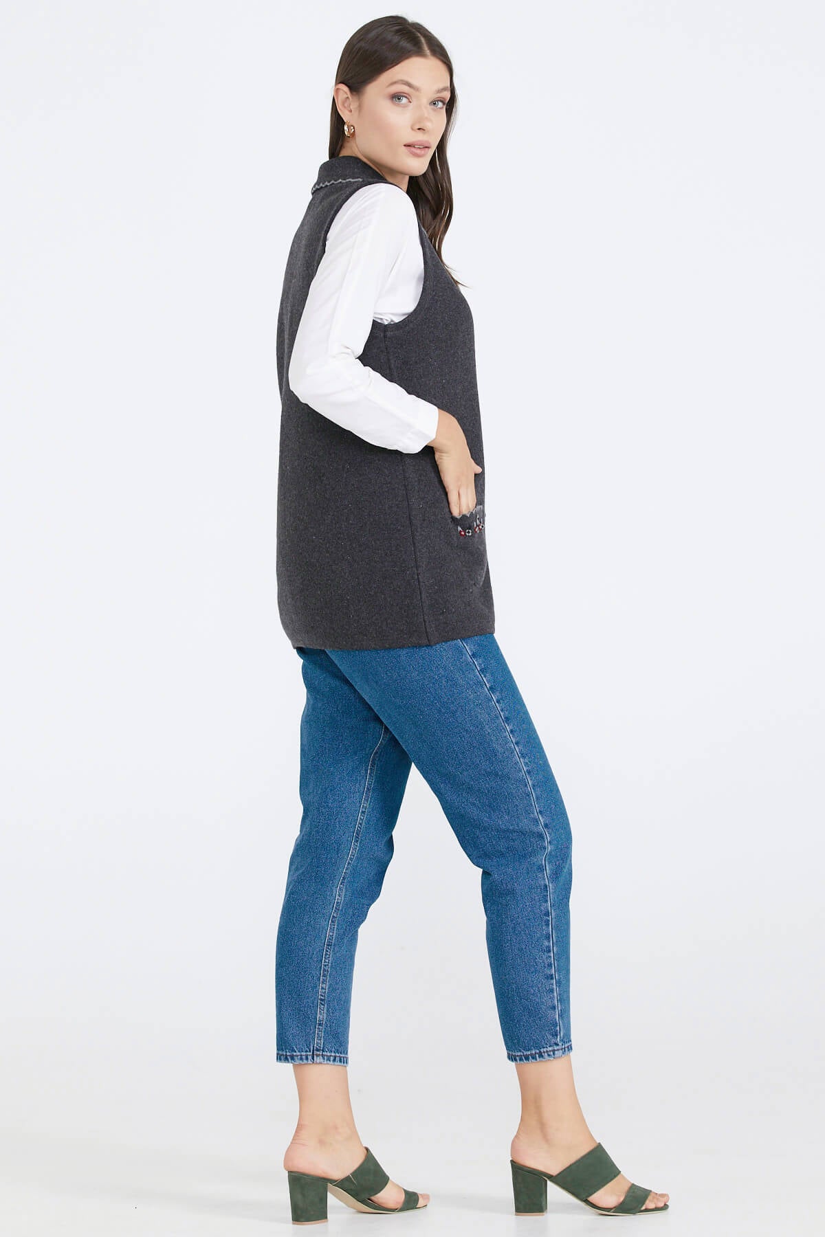 Kadın Cepli Düğmeli Triko Yelek - Antrasit (4) Sementa