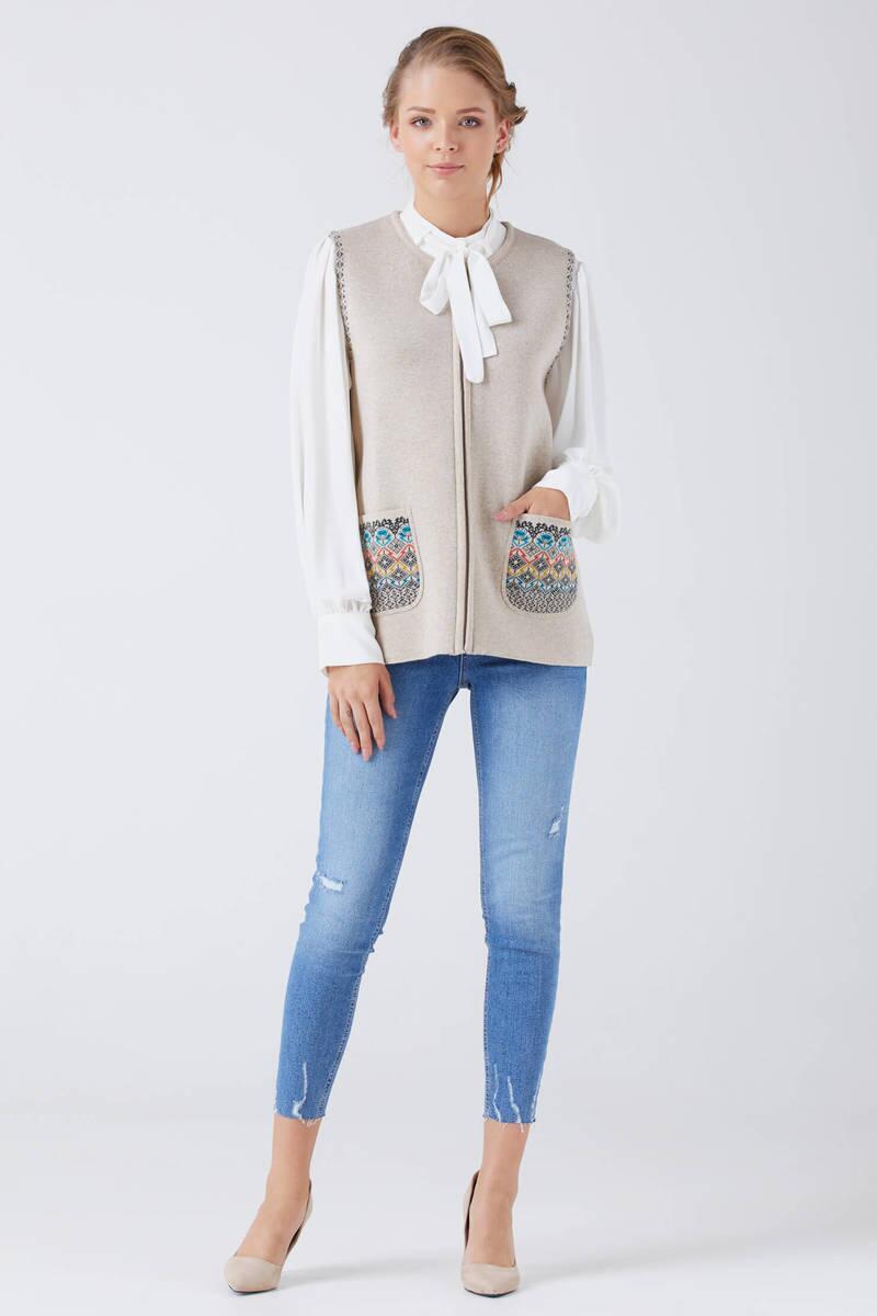 Kadın Cepli Fermuarlı Triko Yelek - Bej - Antrasit (2) Sementa