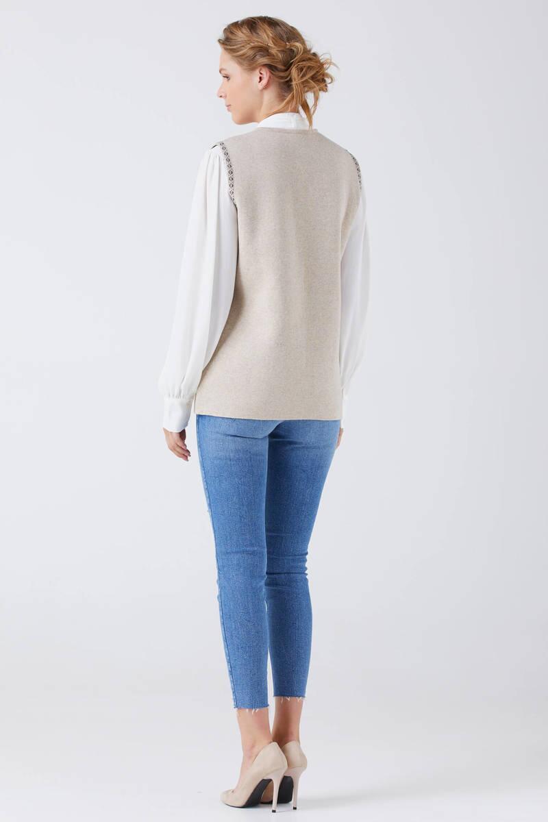Kadın Cepli Fermuarlı Triko Yelek - Bej - Antrasit (3) Sementa