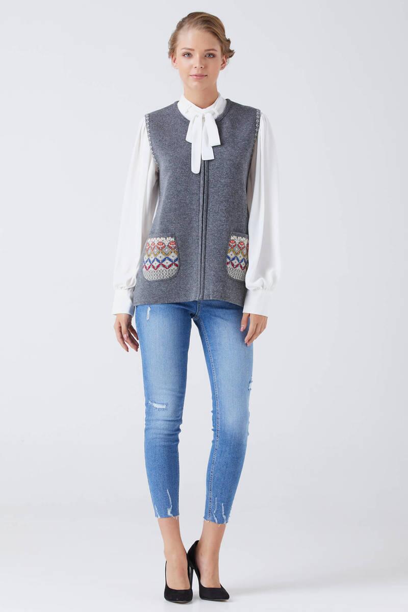 Kadın Cepli Fermuarlı Triko Yelek - Koyu Gri - Krem (2) Sementa