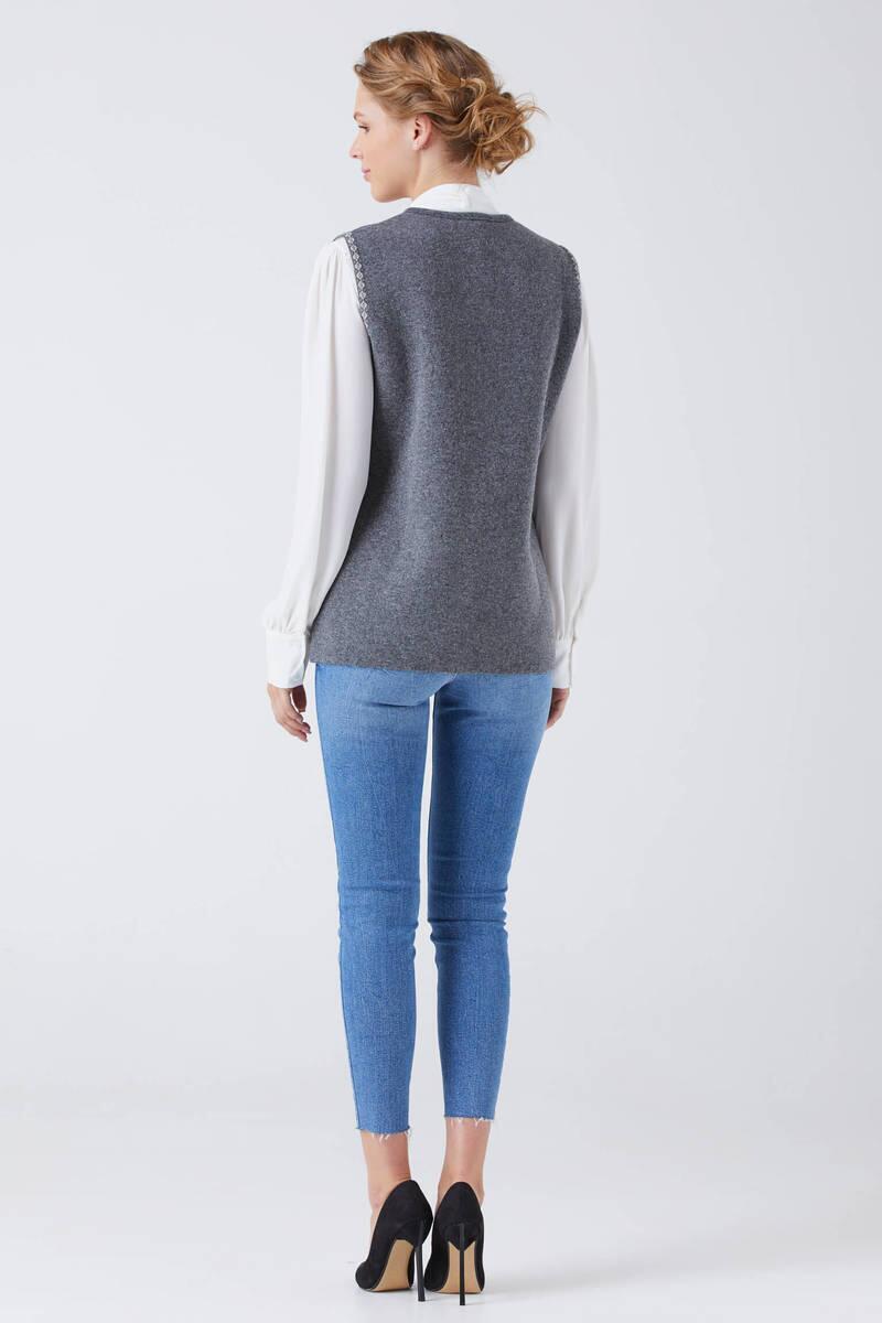Kadın Cepli Fermuarlı Triko Yelek - Koyu Gri - Krem (3) Sementa