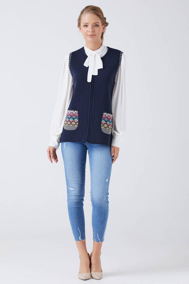 Kadın Cepli Fermuarlı Triko Yelek - Lacivert - Krem (2) Sementa
