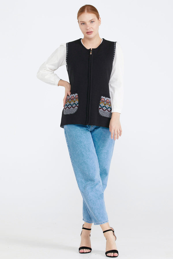 Kadın Cepli Fermuarlı Triko Yelek - Siyah - Gri (3) Sementa