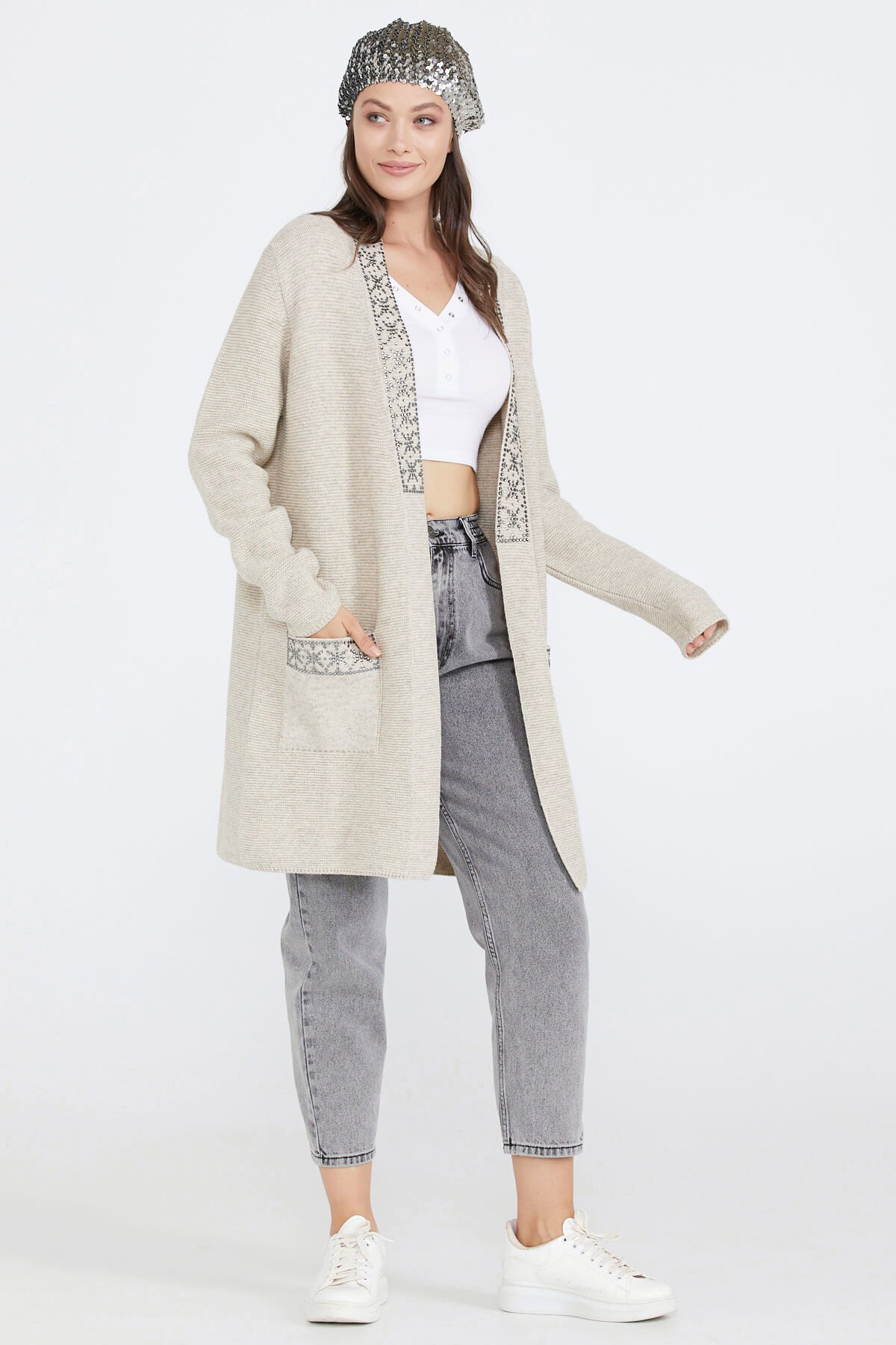 Kadın Cepli Triko Ceket - Bej (1) Sementa