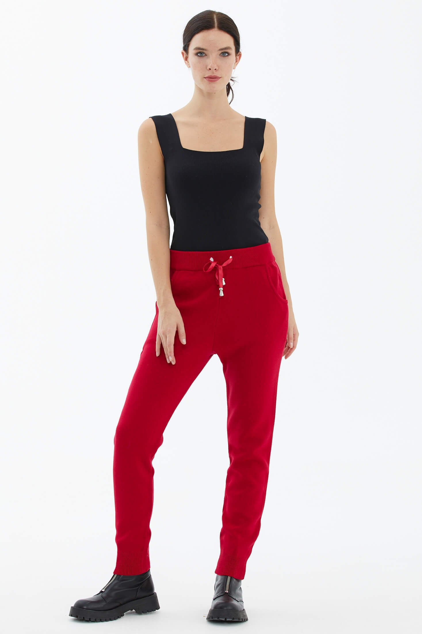 Kadın Cepli Triko Pantolon - Kırmızı (2) Sementa