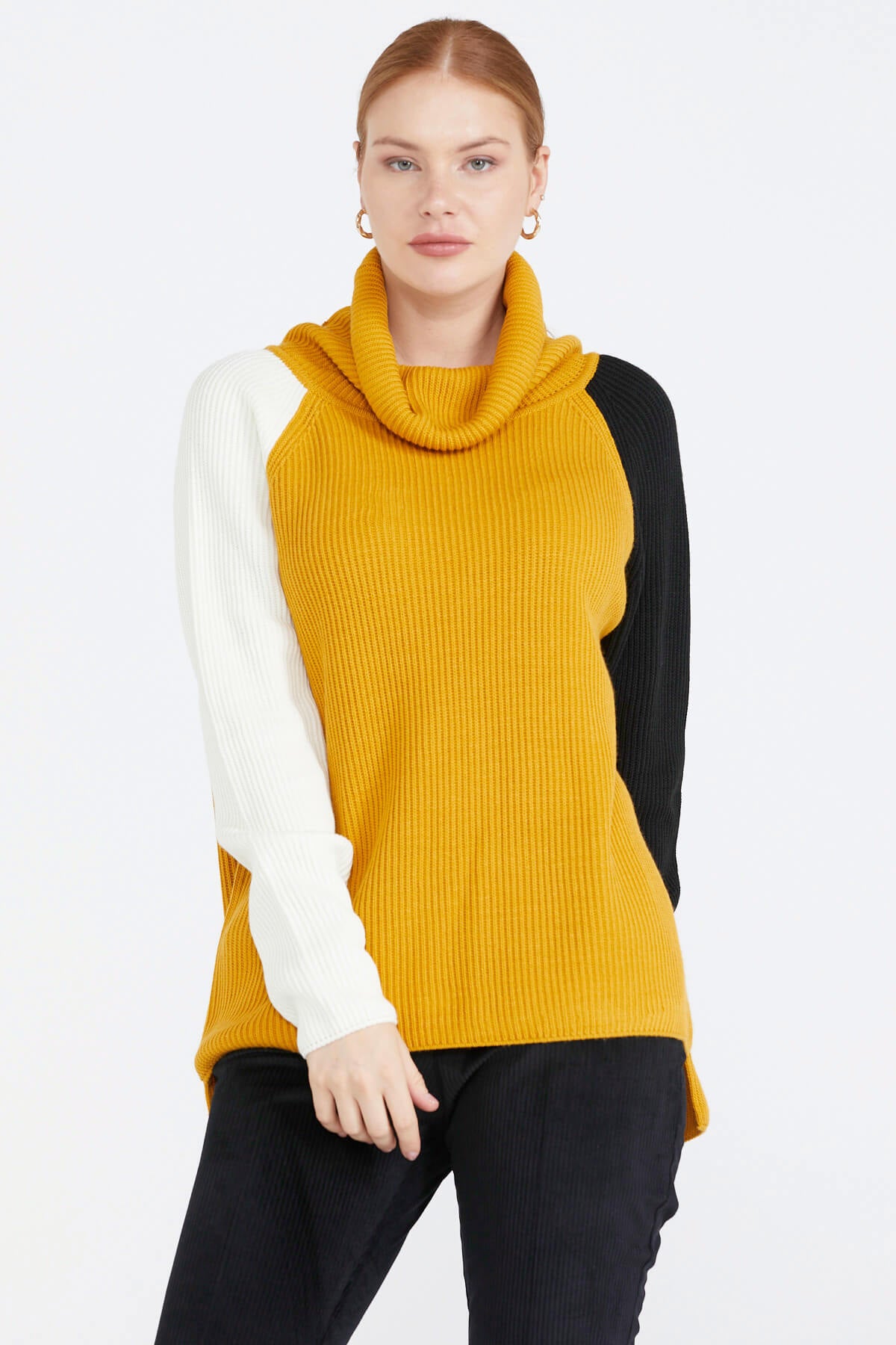 Kadın Degaje Yaka Renkli Triko Kazak - Hardal (1) Sementa