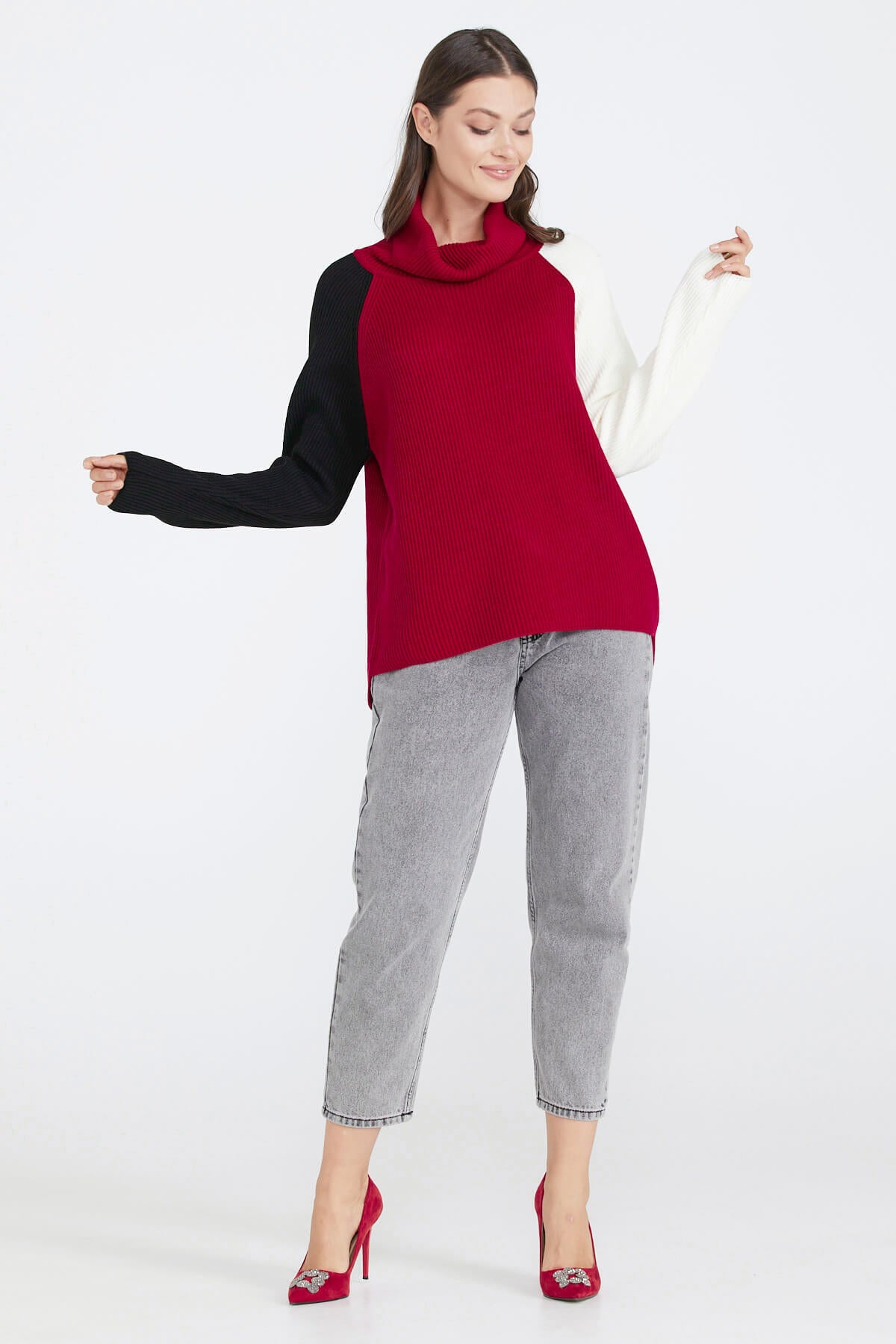 Kadın Degaje Yaka Renkli Triko Kazak - Kırmızı (1) Sementa