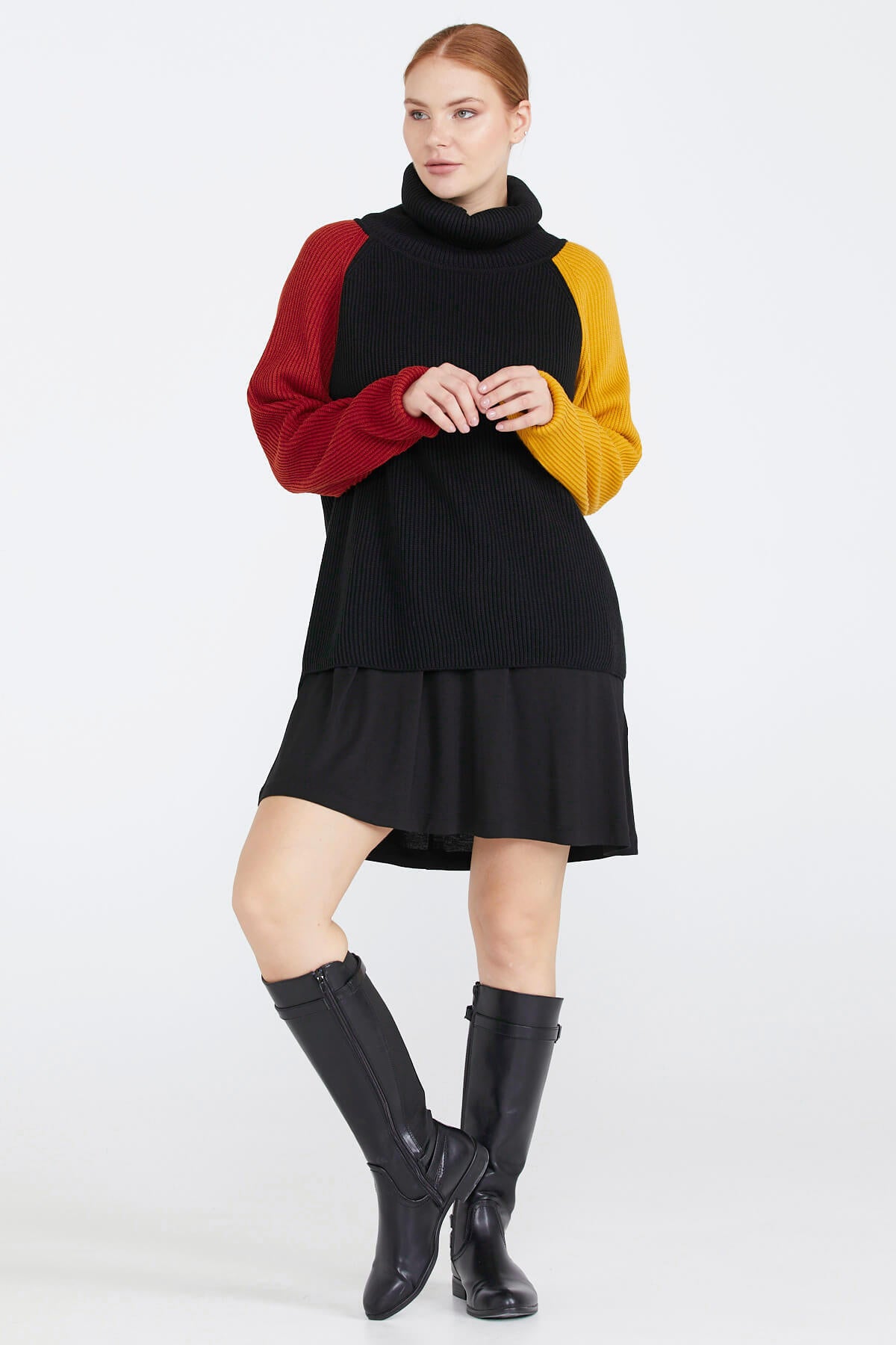 Kadın Degaje Yaka Renkli Triko Kazak - Siyah (1) Sementa