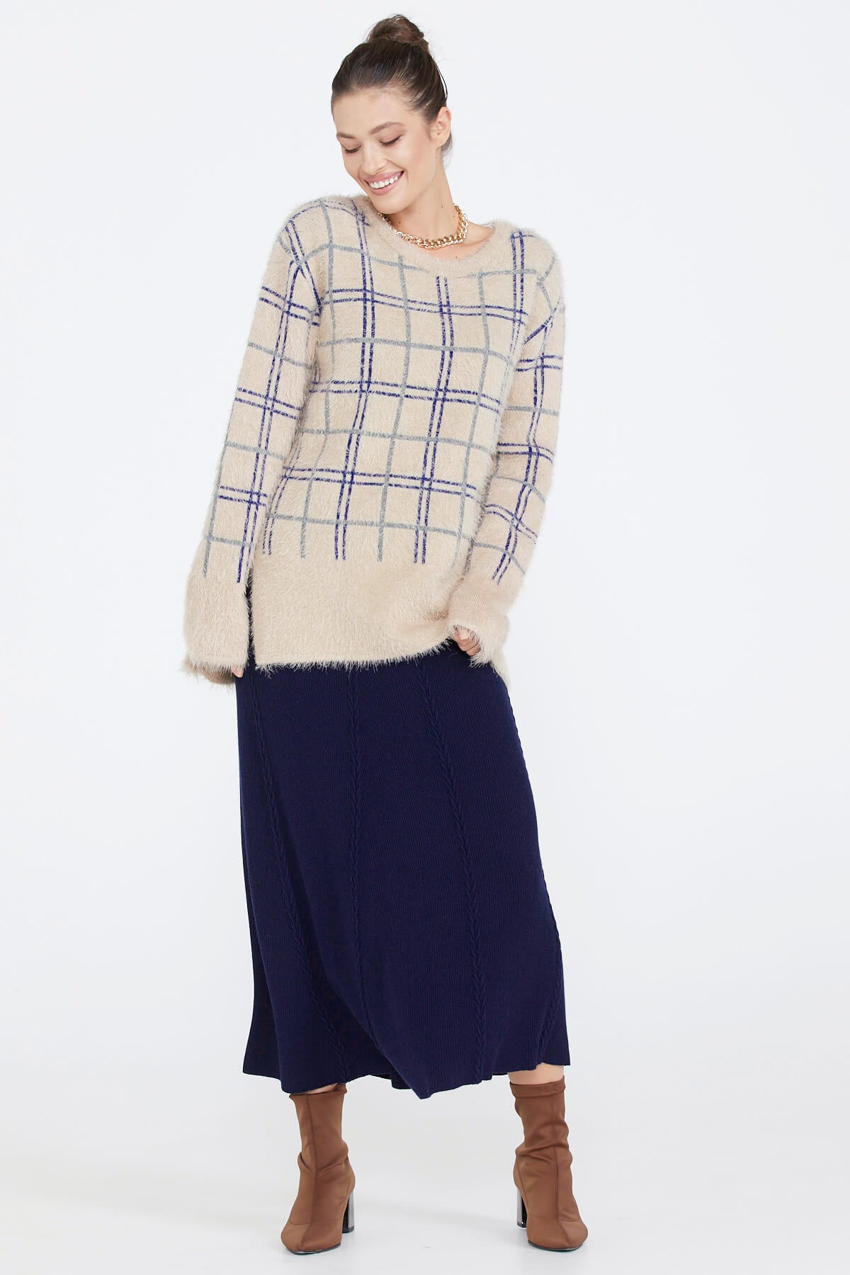 Kadın Desenli Triko Kazak - Bej (2) Sementa