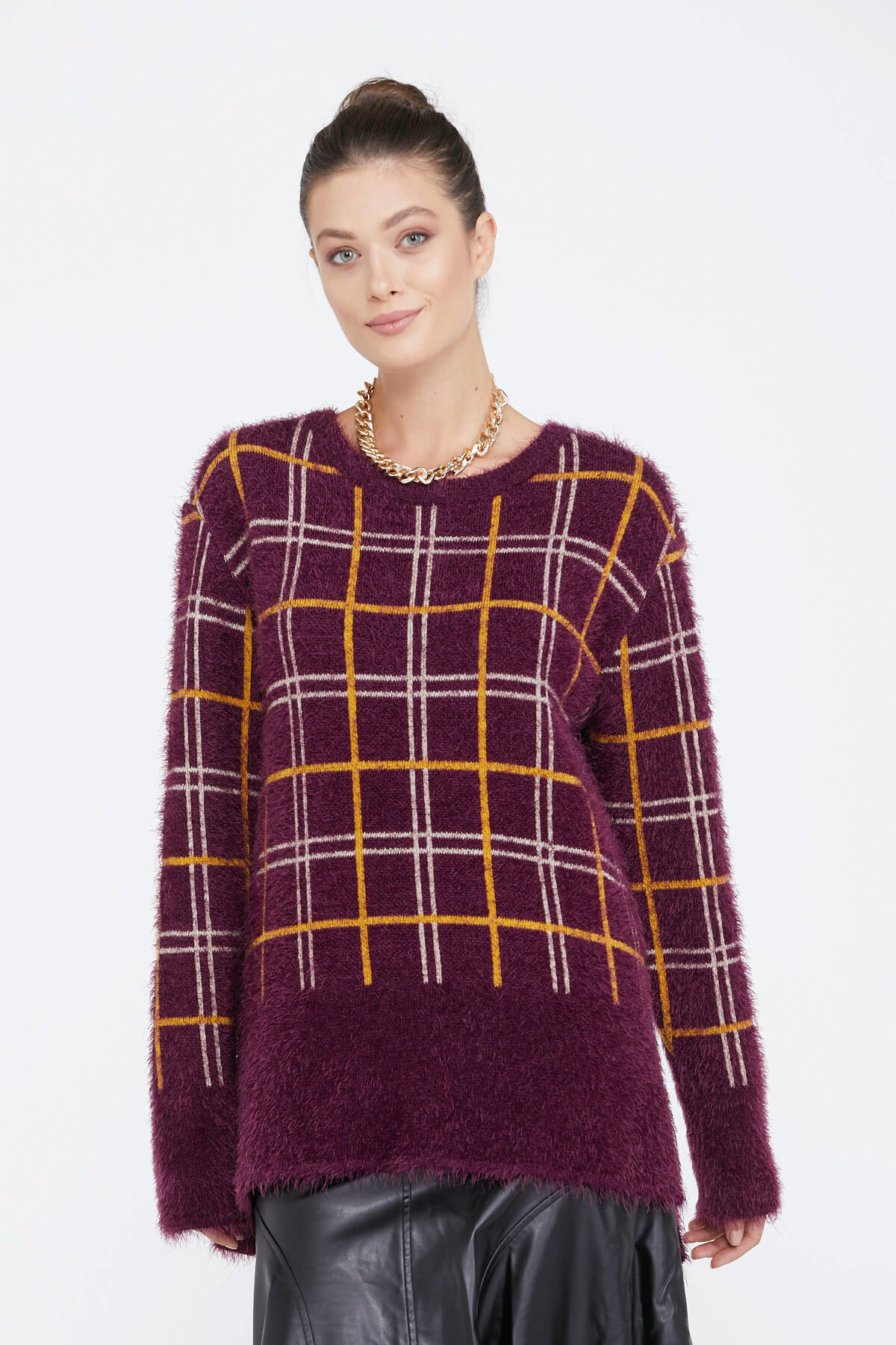 Kadın Desenli Triko Kazak - Bordo (1) Sementa