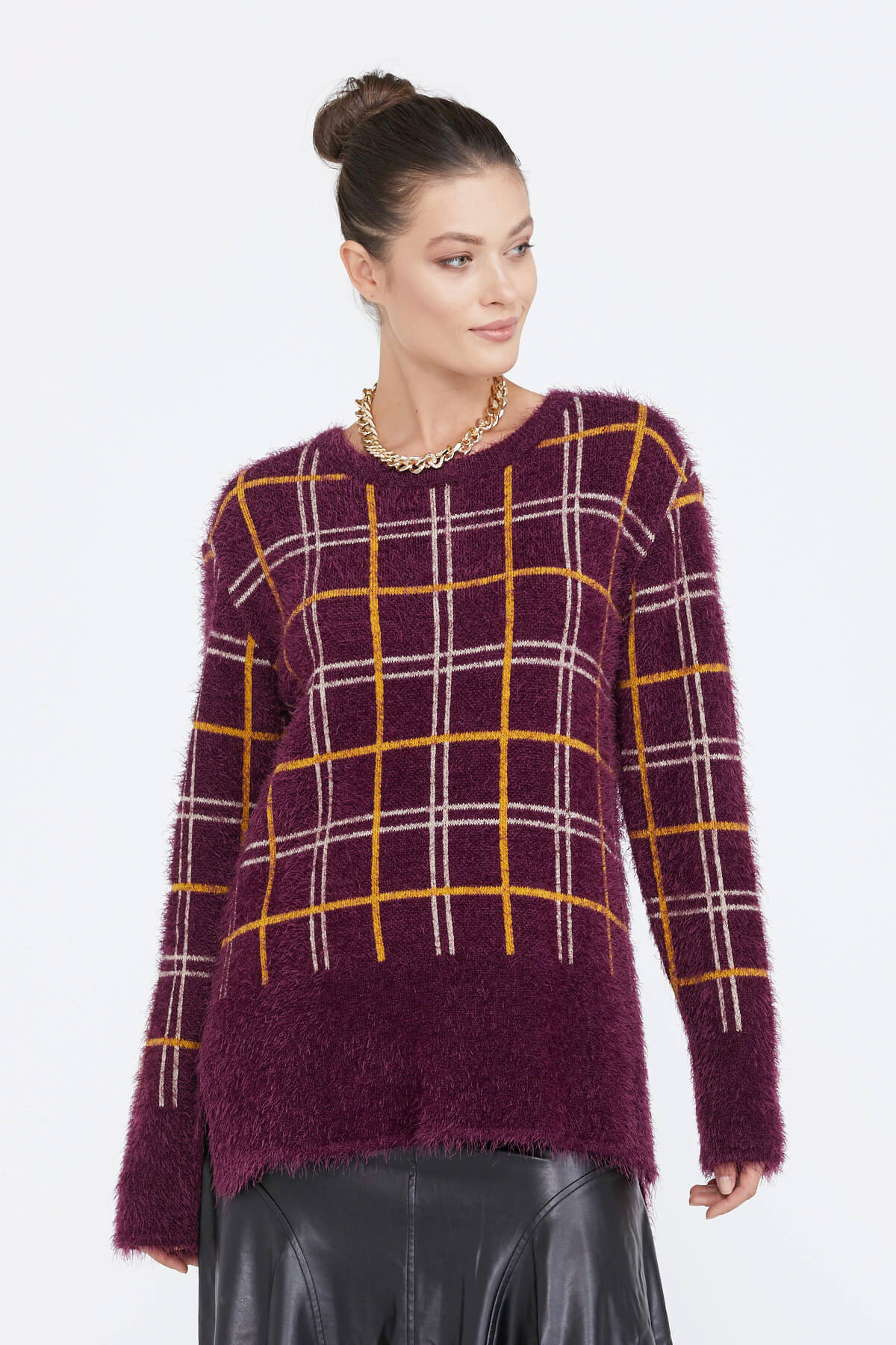 Kadın Desenli Triko Kazak - Bordo (2) Sementa