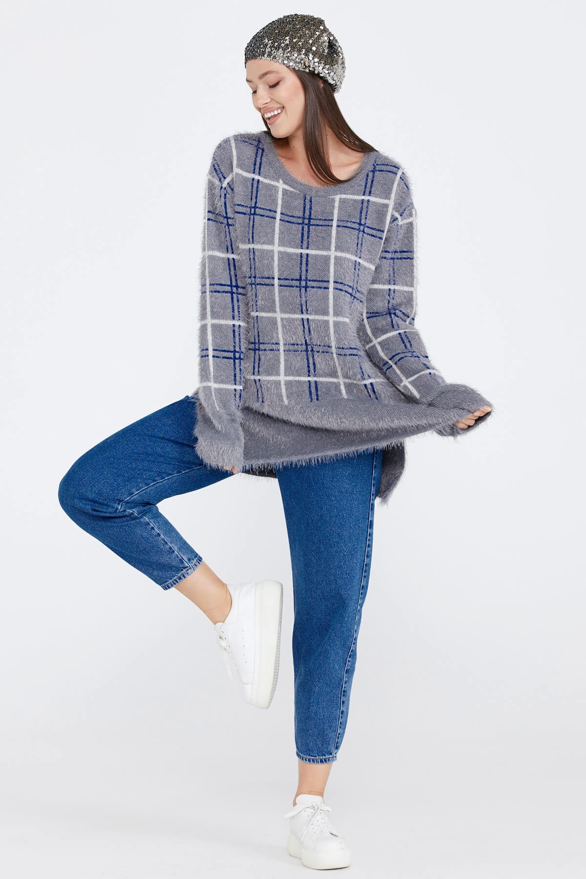 Kadın Desenli Triko Kazak - Gri (1) Sementa